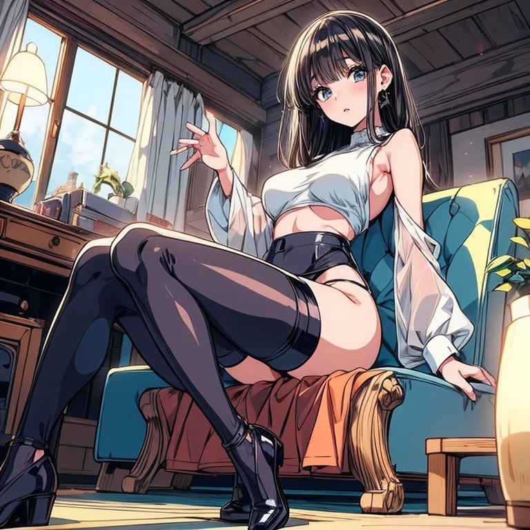 (cowboy shooting:1.3),(最OK质量), ((masterpiece)), (high resolution), illustration, The original, Very detailed,Debger,National Science Foundation,1 girl, (Miyu Edelfeldt),Change,camel toe,black hair,brown eyes,Poker , pantyhose,shirt, no shoes, legs crossed, sitting, Cat, plant, brown eyes, alone, underwear, indoors, bow, Bookshelf, potted plant, OK, breast, bowtie, white shirt, looking at the audience, black hair, black pantyhose, Chair, Smile, wooden floor, dress shirt, no pants, thighband pantyhose, armChair, lamp, long sleeves, spark, black OK, collared shirt, split, Bangs, small breasts,bench,