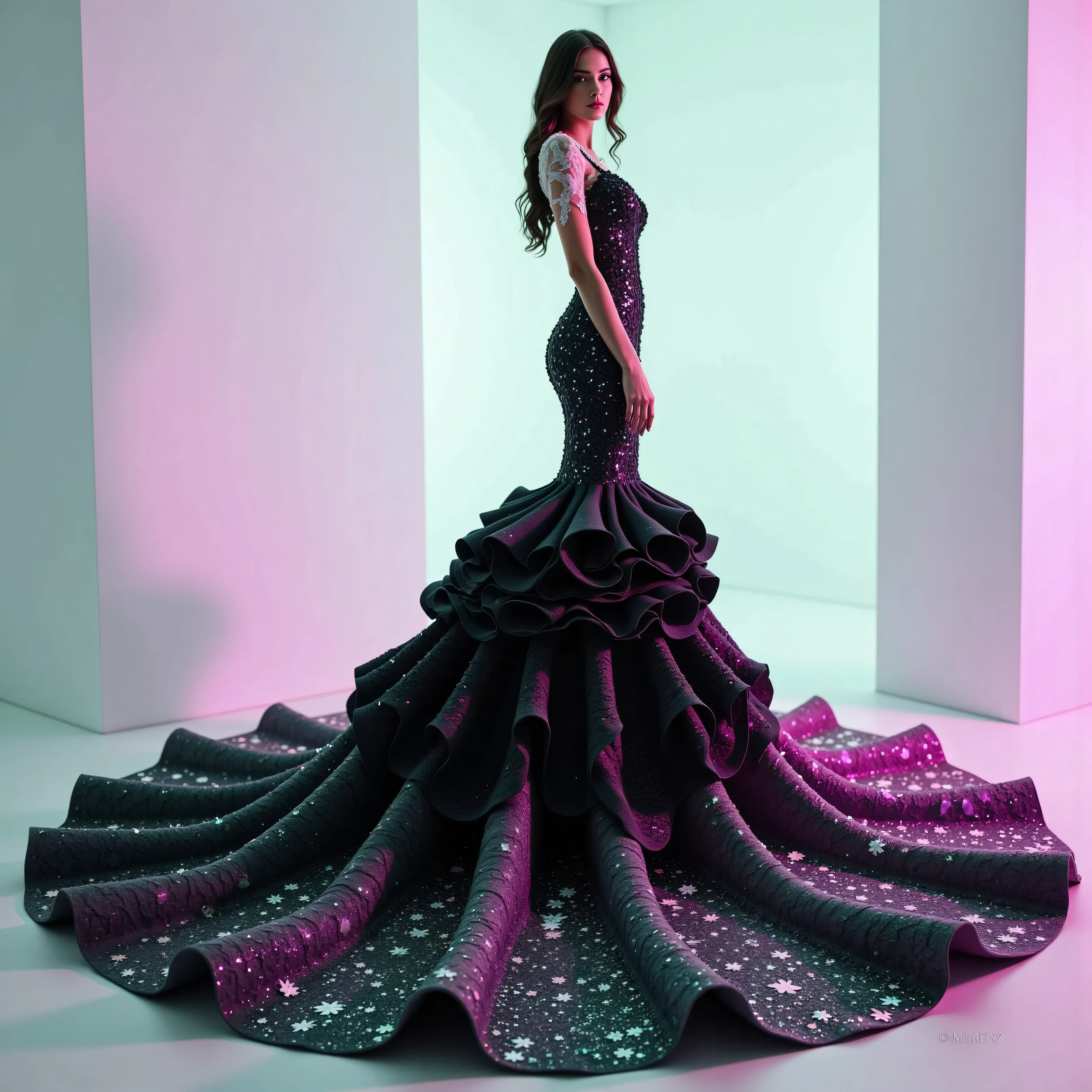 A black silk and satin mermaid style full-length gown with a fitted bodice and a super oversized flared skirt that has giant raised up ruffles at the bottom. This ridiculously oversized gown requires super high platform shoes. Only the kind of thing a supermodel, the crazy wealthy, or a crazy celebrity would ever attempt to wear. Very experimental fashion, this gown has sheer puff sleeves adorned with floral appliqués, sweetheart-shaped neckline lace, and black colored sequence adorns the top. Lightweight foam rubber is the only thing underneath the oversized black silk and satin skirt that can lift up this giant skirt and let the wearer walk and move at all in this unconventional, yet elegant ensemble. The bottom of the dress opens so that the fabric creates a large circular shape several feet in circumference larger than usual with a gown of this style. The skirt has puffed up outter material that hangs down in several layers from mid thigh down to the floor in three or four columns. The dress is made of solid black satin and silk. The green and pink spotlights cast color on the dress and on the white wall in the background.Very dramatic pose. Direct eye contact between the model and the viewer. Asthetically incredible, iconic character, iconic style. Ultra-realistic, photorealistic, cinematic photography ultra-detailed. Very long wavey hair, Motion Lines, Sparkle, Emphasis Lines, Speed Line,cinematic lighting,cinematic portrait, portrait photography,cinematography, full focus, UHDR, hyperrealistic, startling, Glowing Light, Reflection Light, God Rays, Action Painting,Realism, photorealistic, 8K, physically-based rendering,masterpiece,professional,spotlights,intricate,complex,surreal,experimental,avant-garde,unique,innovative,striking,captivating,model facing the camera, eye contact, macro photography, close up,Blue eyes, Parted Lips, Makeup, Wide-Eyed, Sparkling Eyes, Kubrick Stare, From Above, Best Quality, Masterpiece.