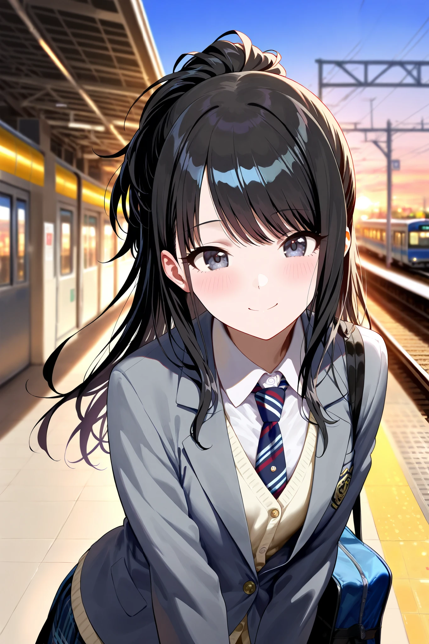 (masterpiece), (Highest quality), (Very detailed), (The best shape), (Best Shadow), (Absurd), (Detailed Background), (so beautiful), Shiny, Beautiful eyes in every detail, Extraordinary, Countershading, 8k, 32K, High resolution, Very Detailed CG ,
Score_9, Score_8_up, Score_7_up, Source_anime,
(Pastel painting:1.2), (Watercolor painting:1.2),
(Masterpiece, Detailed:1.2), (Foreshortening:1.2),
Cinematic, Dramatic, (depth of field:1.4),
(blurry background:1.4), (Realistic background:1.4), dynamic angle,
1girl, solo,
Japan, Big city train station, Platform, (evening:1.2),
Kazano Hiori,
the idolmaster shiny colors,
hiori kazano, ponytail, black hair, black eyes,
(school uniform:1.3), school bag,
White collar, tie, black tie, Stripes tie, gray tie,
(cardigan:0.9), Inner cardigan, linen cardigan,
blazer, (gray blazer:1.2), long sleeves blazer, (Button-up her blazer:1.5), (buttoned all the way up:1.4),
(Blush:1.3),
Portrait,
Focus on face,
leaning forward,
Looking at viewer,
Smile, Happy,
Realistic skin,
Shiny skin,