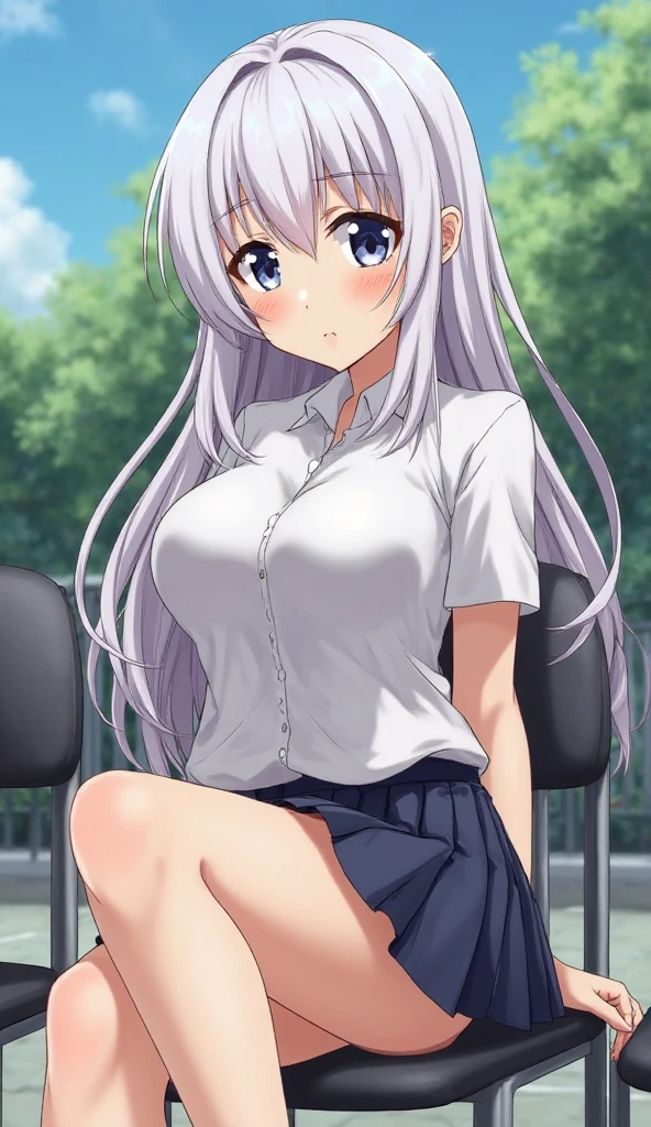 realistically, glowing eyes, ponytail, white short skirt, extra short skirt, Blush, daytime, Wet from the rain, see through, sleeveless shirt, nipples, pussy, crotch, shy, Sit with your knees raised., mikan yuki, the skirt is blowed up, smile, , highest quality, High resolution, highly detailed face, perfect lighting, Very detailed CG, perfect hands, perfect anatomy, Hand open skirt, seduce expression, semen drip from pussy, bottomless, 