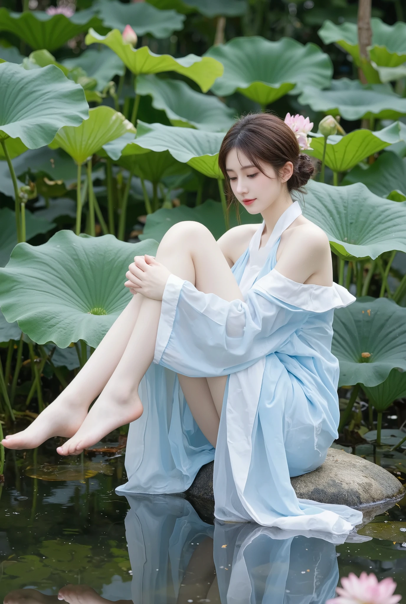 There is a blue dress, 16 long legs, woman sitting on a rock underwater, Standing gracefully on a lotus flower, Heavenly Beauty, Unvolume , court , Girl in Hanfu, Unvolume , Summer is full of fairies, In the pond, white Hanfu, beautiful young and graceful figure, Loose Dress, light blue, hair behind the ear