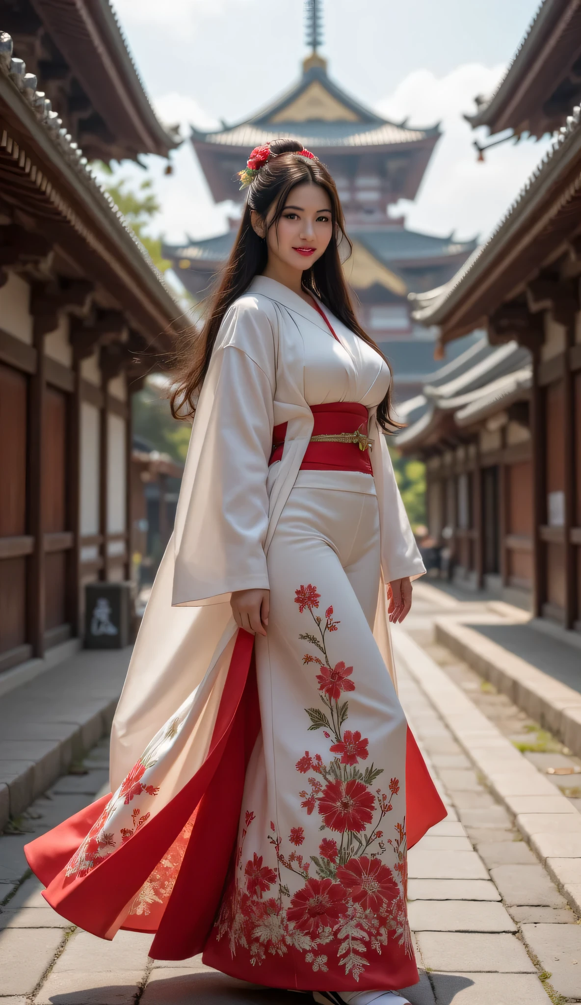 ((**Prompt:** during ancient japan tokugawa time, Create a hyper-realistic wide scenery image of a prehistoric japanese geisha female walking confidently at the forefront, her full body view showcasing her elegantly busty silhouette, tracking shot. Intricately realistic beauty smiling expression, symmetrically balanced within the composition. The geisha's japanese kimono obi gown folk dress shapely drapes gracefully, reflecting the cultural richness of ancient folk japan, complemented by her vibrant smile that radiates warmth and approachability. In the background, the majestic japanese palace looms, its architectural details accentuated by central leading lines that create a captivating sense of depth in an ultra-wide-angle perspective. The scene is enhanced with UHD ambience, featuring a blend of realistic textures and mixed lighting that adds life to the moment. Pay special attention to the geisha's hands, showcasing meticulously detailed anatomy while her shiny, lifelike hair cascades around her face. Capture the essence of artistry reminiscent of SilkPunkAi and flowerPunkAi styles, ensuring the overall image is creatively rich yet respectfully aligns with the historical context.))