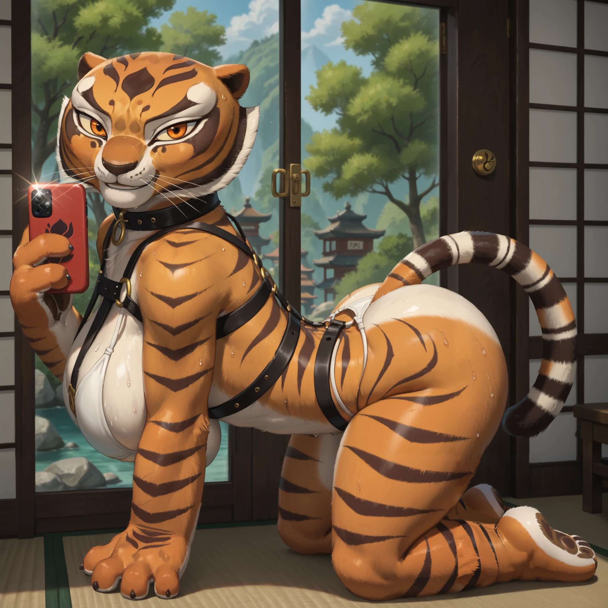 score_9, score_8_up, score_7_up, source_anime, source_furry, (beautiful, detailed background, digital artwork, digital art, well shaded artwork, depth, detailed artwork)1.2, 1girl, female, furry, anthro, Master tigress (Kung fu panda), Anthro tiger, detailed fluffy fur, bald, large expressive eyes, (detailed orange eyes, black pupils)1.2, massive breasts, heavy breasts, bulging breasts, natural breasts, wide hips, thick thighs, kneeling, arched back, super massive ass, bubble butt, closeup++, facing viewer, dojo setting, white bikini, white thong, big black collar, sweat, smirking, more straps, heavy duty harness, side view, tiny waist, chest pushed forward, mirror selfie, holding iphone, face-down ass-up