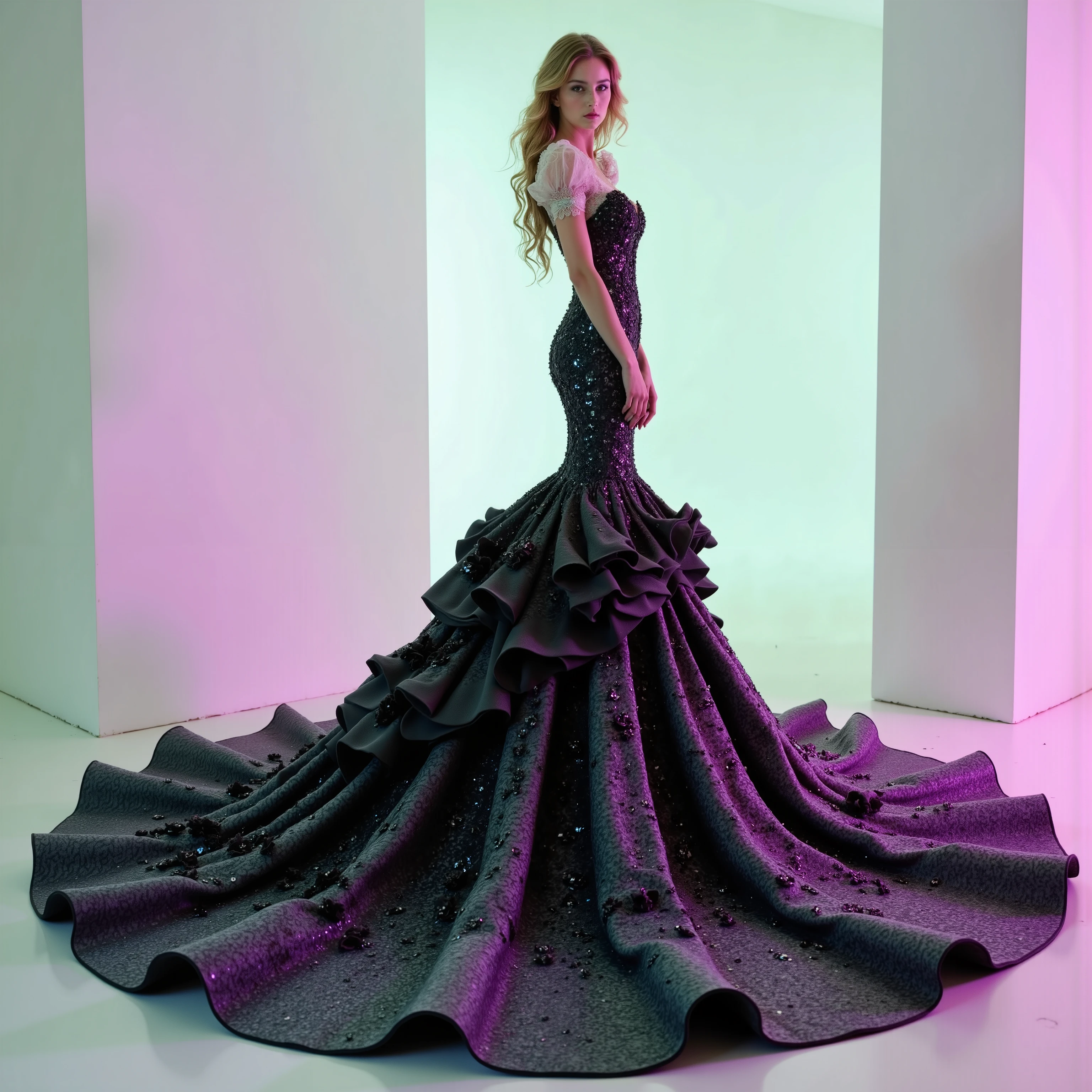 A black silk and satin mermaid style full-length gown with a fitted bodice and a super oversized flared skirt that has giant raised up ruffles at the bottom. This ridiculously oversized gown requires super high platform shoes. Only the kind of thing a supermodel, the crazy wealthy, or a crazy celebrity would ever attempt to wear. Very experimental fashion, this gown has sheer puff sleeves adorned with floral appliqués, sweetheart-shaped neckline lace, and black colored sequence adorns the top. Lightweight foam rubber is the only thing underneath the oversized black silk and satin skirt that can lift up this giant skirt and let the wearer walk and move at all in this unconventional, yet elegant ensemble. The bottom of the dress opens so that the fabric creates a large circular shape several feet in circumference larger than usual with a gown of this style. The skirt has puffed up outter material that hangs down in several layers from mid thigh down to the floor in three or four columns. The dress is made of solid black satin and silk. The green and pink spotlights cast color on the dress and on the white wall in the background.Very dramatic pose. Direct eye contact between the model and the viewer. Asthetically incredible, iconic character, iconic style. Ultra-realistic, photorealistic, cinematic photography ultra-detailed. Very long wavey hair, Motion Lines, Sparkle, Emphasis Lines, Speed Line,cinematic lighting,cinematic portrait, portrait photography,cinematography, full focus, UHDR, hyperrealistic, startling, Glowing Light, Reflection Light, God Rays, Action Painting,Realism, photorealistic, 8K, physically-based rendering,masterpiece,professional,spotlights,intricate,complex,surreal,experimental,avant-garde,unique,innovative,striking,captivating,model facing the camera, eye contact, macro photography, close up,Blue eyes, Parted Lips, Makeup, Wide-Eyed, Sparkling Eyes, Kubrick Stare, From Above, Best Quality, Masterpiece.