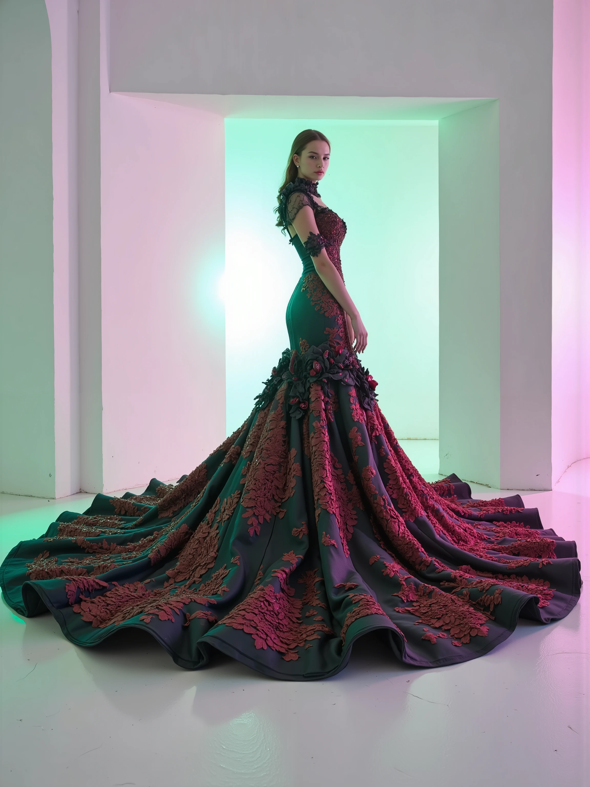 A red with black silk and satin mermaid style full-length gown with a fitted bodice and a super oversized flared skirt that has giant raised up ruffles at the bottom. This ridiculously oversized gown requires super high platform shoes. Only the kind of thing a supermodel, the crazy wealthy, or a crazy celebrity would ever attempt to wear. Very experimental fashion, this gown has sheer puff sleeves adorned with black floral appliqués, sweetheart-shaped neckline lace, and red colored sequence adorns the top. Lightweight foam rubber and mtal wires are the only thing underneath the oversized red silk and satin skirt that can lift and hold up this giant skirt and let the wearer walk and move at all in this unconventional, yet elegant ensemble. The bottom of the dress opens so that the fabric creates a large circular shape several feet in circumference larger than usual with a gown of this style. The skirt has puffed up outter material that hangs down in several layers from mid thigh down to the floor in three or four columns. The dress is made of solid black satin and silk. The green and pink spotlights cast color on the dress and on the white wall in the background.Very dramatic pose. Direct eye contact between the model and the viewer. Asthetically incredible, iconic character, iconic style. Ultra-realistic, photorealistic, cinematic photography ultra-detailed. Very long wavey hair, Motion Lines, Sparkle, Emphasis Lines, Speed Line,cinematic lighting,cinematic portrait, portrait photography,cinematography, full focus, UHDR, hyperrealistic, startling, Glowing Light, Reflection Light, God Rays, Action Painting,Realism, photorealistic, 8K, physically-based rendering,masterpiece,professional,spotlights,intricate,complex,surreal,experimental,avant-garde,unique,innovative,striking,captivating,model facing the camera, eye contact, macro photography, close up,Blue eyes, Parted Lips, Makeup, Wide-Eyed, Sparkling Eyes, Kubrick Stare, From Above, Best Quality, Masterpiece.