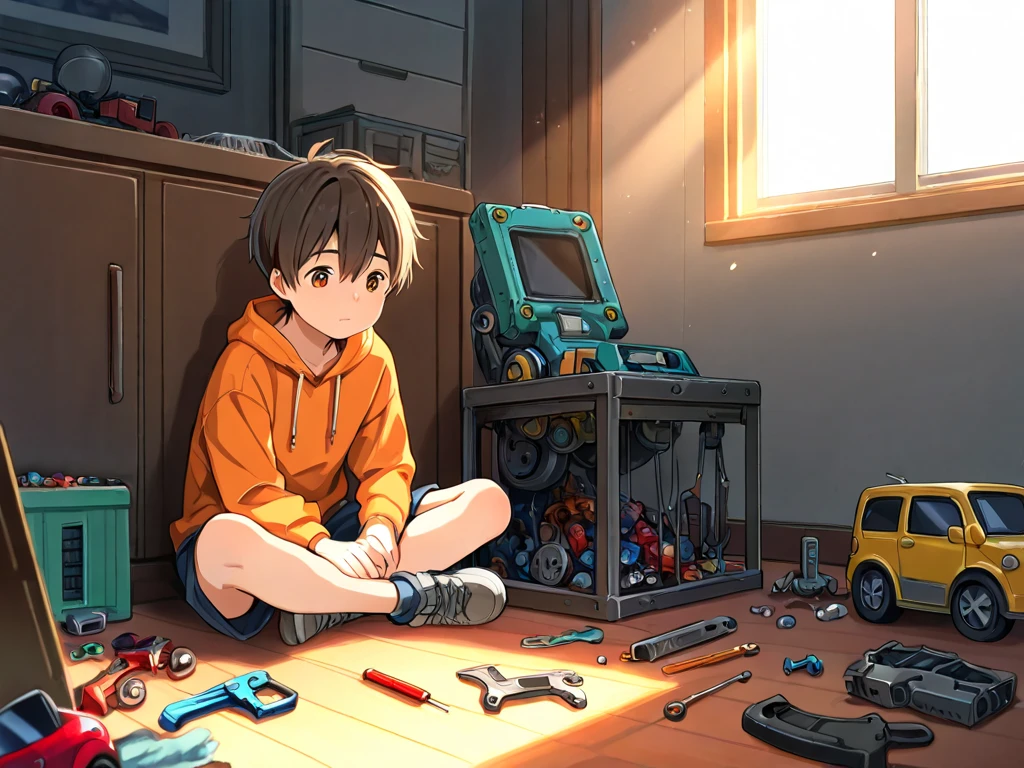 Little boy Orion, with bright eyes and skillful hands, is always exploring and creating toys from waste materials.