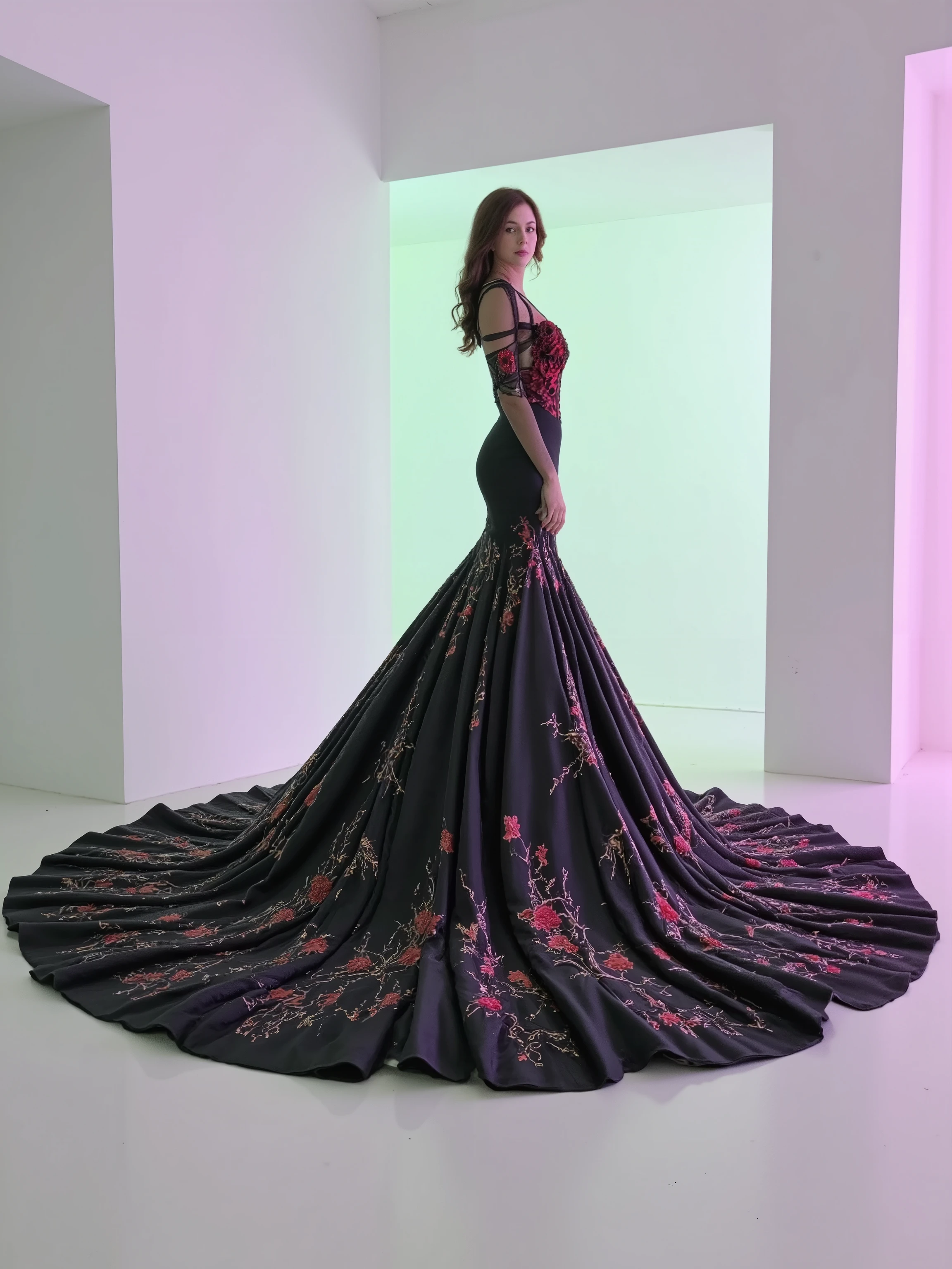A red silk and satin mermaid style full-length gown with a fitted bodice and a super oversized flared skirt that has giant raised up ruffles at the bottom. This ridiculously oversized gown requires super high platform shoes, making the woman wearing this dress 18 to 24 inches taller than she is. This is only the kind of dress that a supermodel, the crazy wealthy, or a crazy celebrity would ever attempt to wear. Very experimental fashion, this gown has sheer puff sleeves, thin lace sleeves or thin straps, adorned with black floral appliqués, sweetheart-shaped neckline lace, and red colored sequence adorns the top. Lightweight foam rubber and mtal wires are the only thing underneath the oversized red silk and satin skirt that can lift and hold up this giant skirt and let the wearer walk and move at all in this unconventional, yet elegant ensemble. The bottom of the dress opens so that the fabric creates a large circular shape several feet in circumference larger than usual with a gown of this style. The skirt has puffed up outter material that hangs down in several layers from mid thigh down to the floor in three or four columns. The dress is made of red satin and silk, with black floral arrangements and some embroidery patterns. The green and pink spotlights cast color on the dress and on the white wall in the background. A very dramatic pose. Direct eye contact between the model and the viewer. Aesthetically incredible, iconic character, iconic style. Ultra-realistic, photorealistic, cinematic photography ultra-detailed. Very long wavey hair,sparkle,cinematic lighting,cinematic portrait, portrait photography,cinematography, full focus, UHDR, hyperrealistic, startling,experimental,avant-garde,unique,innovative,striking,captivating,model facing the camera, eye contact, macro photography, close up,Blue eyes, Parted Lips, Makeup, Wide-Eyed, Sparkling Eyes, Kubrick Stare, From Above, Best Quality, Masterpiece.