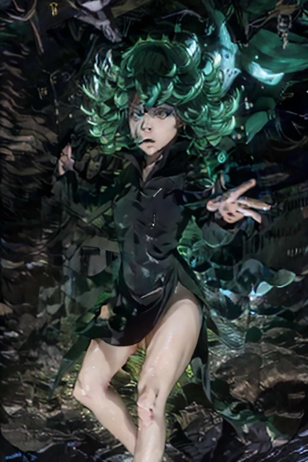 Create a highly detailed and dynamic illustration of Tatsumaki from *One Punch Man* in a dramatic and intense scene. Tatsumaki, the petite and powerful esper with her signature green hair styled in short, wavy curls, is depicted in her usual outfit: a sleek, form-fitting black dress with a high slit and golden accents. Her expression conveys a mix of defiance and concentration, with glowing green eyes radiating power as she struggles against dark forces surrounding her.
She is entangled by thick, menacing black tentacles coiling around her legs and arms, with slick surfaces glistening against an otherworldly sheen. The tentacles are adorned with subtle, eerie patterns that pulse faintly with dark energy, contrasting sharply with Tatsumaki's vibrant green aura. Her psychic powers should be visibly manifesting, with glowing green energy crackling around her body as she attempts to break free.
The chaotic, stormy background features swirling dark clouds and faint lightning strikes, illuminating the scene. Debris and rubble float in the air, suspended by Tatsumaki's telekinetic abilities, intensifying the tension. The overall atmosphere should be dark and ominous, with a dramatic interplay of light and shadow highlighting her struggle against the sinister tentacles.
Focus on realism in the textures of the tentacles, Tatsumaki's clothing, and the environment. The composition should emphasize her vulnerability and strength simultaneously, capturing the moment's intensity. Use a dynamic perspective to enhance the action, positioning Tatsumaki centrally to draw the viewer's eye to her determined expression and the glowing energy around her.