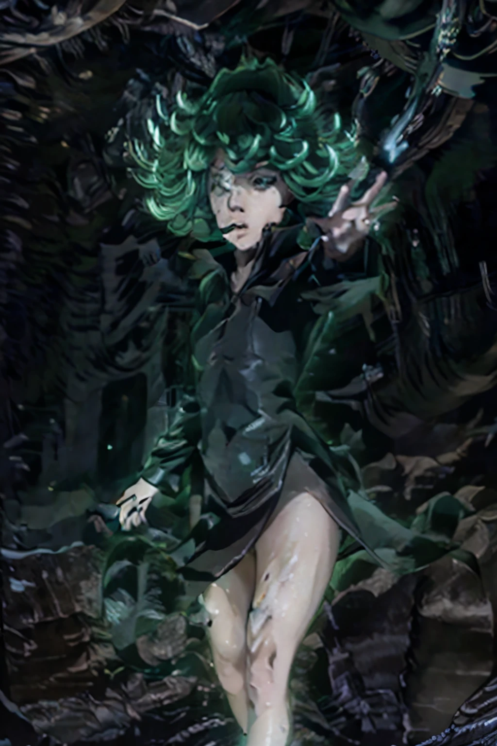 Create a highly detailed and dynamic illustration of Tatsumaki from *One Punch Man* in a dramatic and intense scene. Tatsumaki, the petite and powerful esper with her signature green hair styled in short, wavy curls, is depicted in her usual outfit: a sleek, form-fitting black dress with a high slit and golden accents. Her expression conveys a mix of defiance and concentration, with glowing green eyes radiating power as she struggles against dark forces surrounding her.
She is entangled by thick, menacing black tentacles coiling around her legs and arms, with slick surfaces glistening against an otherworldly sheen. The tentacles are adorned with subtle, eerie patterns that pulse faintly with dark energy, contrasting sharply with Tatsumaki's vibrant green aura. Her psychic powers should be visibly manifesting, with glowing green energy crackling around her body as she attempts to break free.
The chaotic, stormy background features swirling dark clouds and faint lightning strikes, illuminating the scene. Debris and rubble float in the air, suspended by Tatsumaki's telekinetic abilities, intensifying the tension. The overall atmosphere should be dark and ominous, with a dramatic interplay of light and shadow highlighting her struggle against the sinister tentacles.
Focus on realism in the textures of the tentacles, Tatsumaki's clothing, and the environment. The composition should emphasize her vulnerability and strength simultaneously, capturing the moment's intensity. Use a dynamic perspective to enhance the action, positioning Tatsumaki centrally to draw the viewer's eye to her determined expression and the glowing energy around her.
