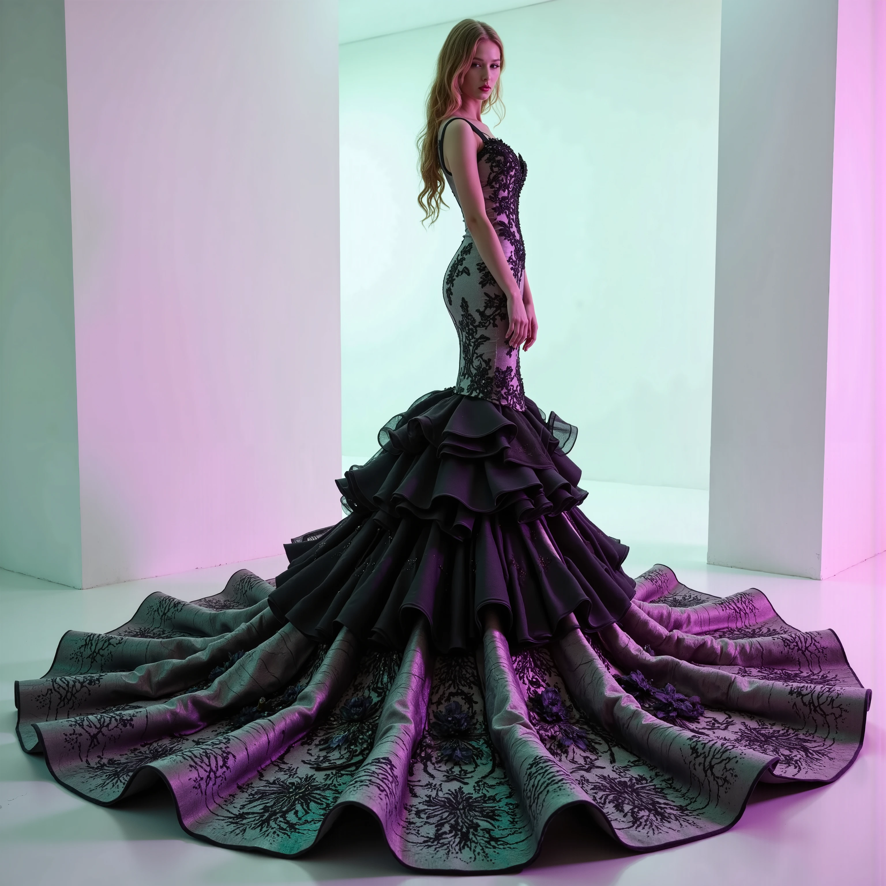  A red silk and satin mermaid style full-length gown with a fitted bodice and a super oversized flared skirt that has giant raised up ruffles at the bottom. This ridiculously oversized gown requires super high platform shoes, making the woman wearing this dress 18 to 24 inches taller than she is. This is only the kind of dress that a supermodel, the crazy wealthy, or a crazy celebrity would ever attempt to wear. Very experimental fashion, this gown has sheer puff sleeves, thin lace sleeves or thin straps,  adorned with black floral appliqués, sweetheart-shaped neckline lace, and red colored sequence adorns the top. Lightweight foam rubber and mtal wires are the only thing underneath the oversized red silk and satin skirt that can lift and hold up this giant skirt and let the wearer walk and move at all in this unconventional, yet elegant ensemble. The bottom of the dress opens so that the fabric creates a large circular shape several feet in circumference larger than usual with a gown of this style. The skirt has puffed up outter material that hangs down in several layers from mid thigh down to the floor in three or four columns. The dress is made of red satin and silk, with black floral arrangements and some embroidery patterns. The green and pink spotlights cast color on the dress and on the white wall in the background. A very dramatic pose. Direct eye contact between the model and the viewer. Aesthetically incredible, iconic character, iconic style. Ultra-realistic, photorealistic, cinematic photography ultra-detailed. Very long wavey hair,sparkle,cinematic lighting,cinematic portrait, portrait photography,cinematography, full focus, UHDR, hyperrealistic, startling,experimental,avant-garde,unique,innovative,striking,captivating,model facing the camera, eye contact, macro photography, close up,Blue eyes, Parted Lips, Makeup, Wide-Eyed, Sparkling Eyes, Kubrick Stare, From Above, Best Quality, Masterpiece.