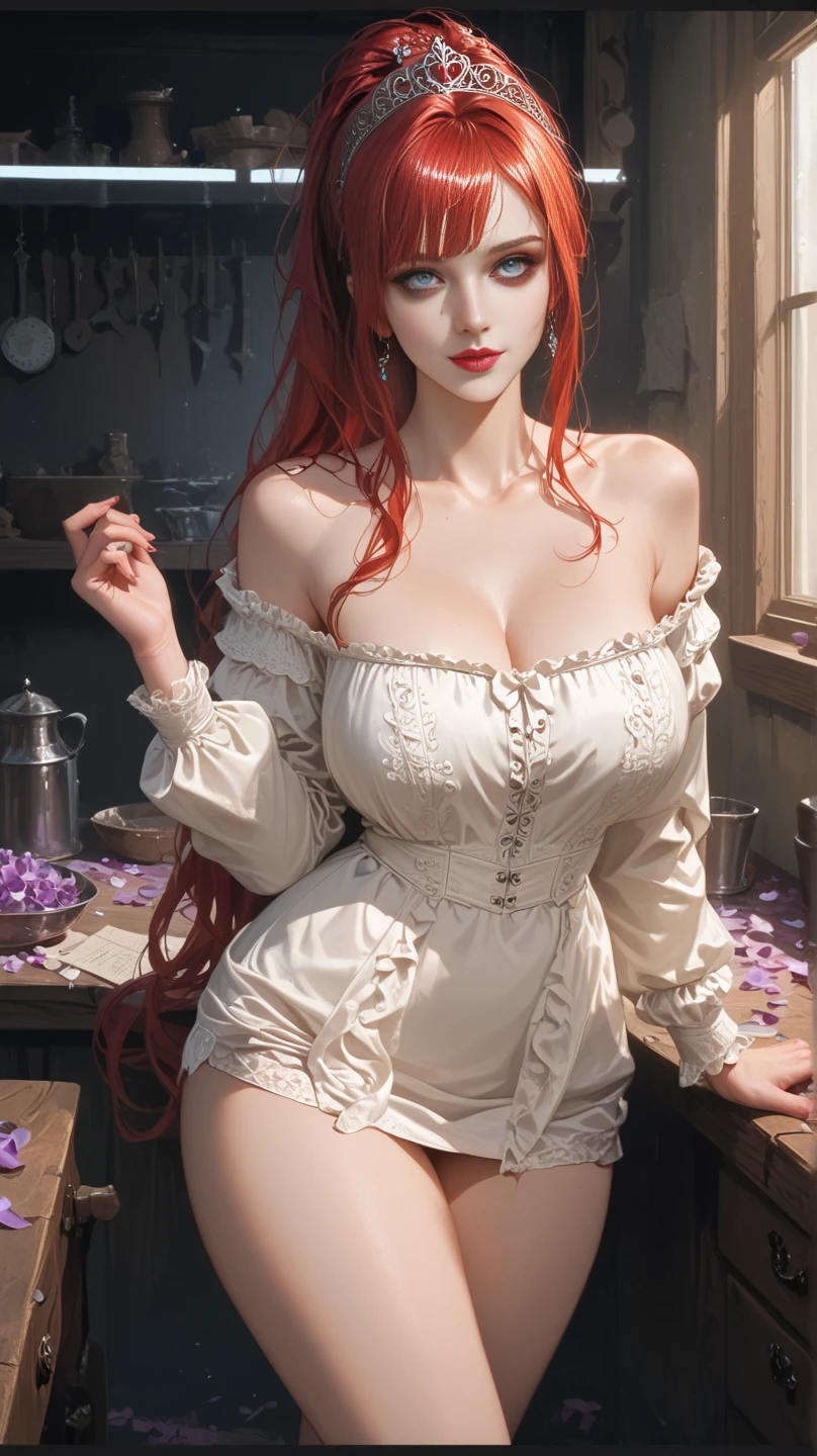pintura de uma mulher com cabelo vermelho e um estrangulamento em um vestido preto, Estilo de arte de John Collier, Donzela com cabelo de cobre, estilo de Karol Bak, uma jovem ruiva, Retrato de uma jovem bruxa, No Bowater Art Style, Directed by: Roberto Lenkiewicz, Geraldo Brom, Alberto Lynch, portrait of princess merida, Dave Sim, Red-haired girl in a shadowy palace, vestido preto e roxo de veludo usando um kokoshnic, roupa luxuosa de cigana, head adornment, Gargantilha de renda, obra-prima, mais alta qualidade, (sozinho), (rosto perfeito: 1.3), (alto detalhe: 1.2), Dramatic, 1girl, anjo, (pale skinned), longos cabelos ruivos, cabelos vermelhos escuros, (Seios enormes), sobrancelhas claras, cabelo longo, noite, roupa de gypspy medieval de cor purpura e preta, muitas joias, head adornments, olhos castanhos, umbigo coberto, pouty lips, Curvilinear, (arms behind back: 1.4), Coberto, Detailed palace background, arte de artgerm e greg rutkowski, cinematic lighthing, , moda, Balenciaga, Alexandre Mc Queen, Glitter, cabelos vermelhos acobreados, cabelos ruivos acobreados, cabelos vermelhos, mulher ruiva, cabelos vermelhos bonitos, ruiva, pale skinned, garrafa de gordura, large lips, juicy lips beautiful lips, olhos bonitos, boechachas gordinhas, Rosto redondo, jovem gordinha, Adolescente gordinha, Chub, gorda, Mulher com corpo rechonchudo, mulher gordinha