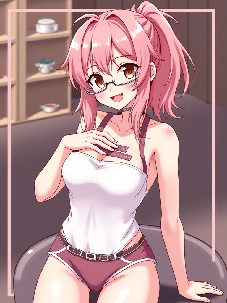 (masterpiece, best quality), 1girl, large breasts, small hips, beautiful green eyes, pink hair, crop top, denim shorts, bedroom, striped thighhighs, pervert, petite, glasses, covered nipples, pussy peek, Anime_screenshot, shuz, croptop overhang, see_through croptop, :3 face, dynamic pose, groin, writing on stomach, pubic tattoo