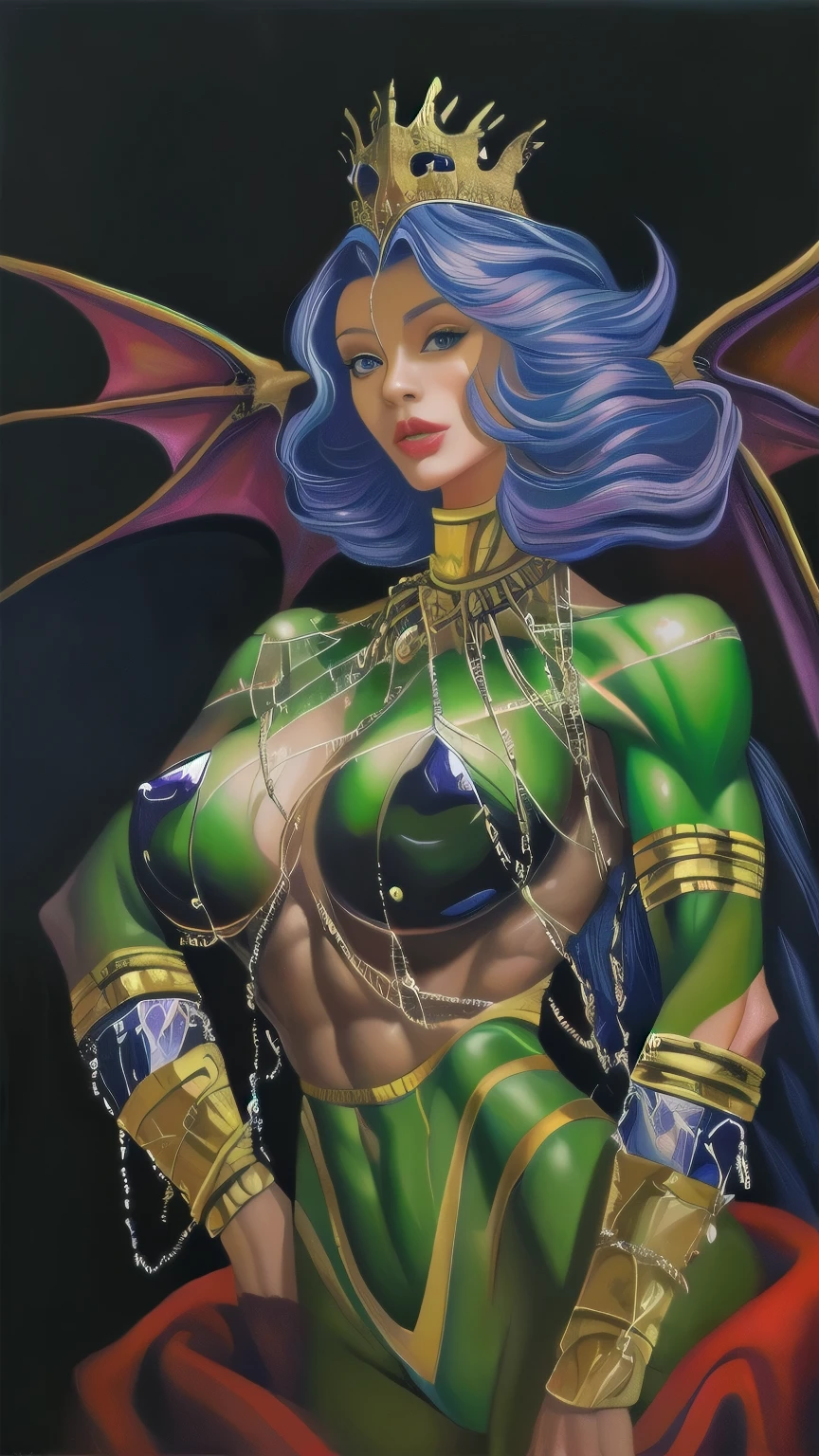 ((Morrigan Aensland feita em vitral)), (cabelo em vidro verde), cabelo verde, olhos em vidro verde, detalhes em plumas brancas em vidro branco, (purple tights in purple glass), (asas de morcego nas costas da Morrigan Aensland feitas de vidro preto e as membranas das asas de morcego feitas com vidro roxo), (Bat wings on Morrigan Aensland's head), meiô therefore, botas de cano curto pretas feitas com vidro preto, vitral dentro de interior de castelo.