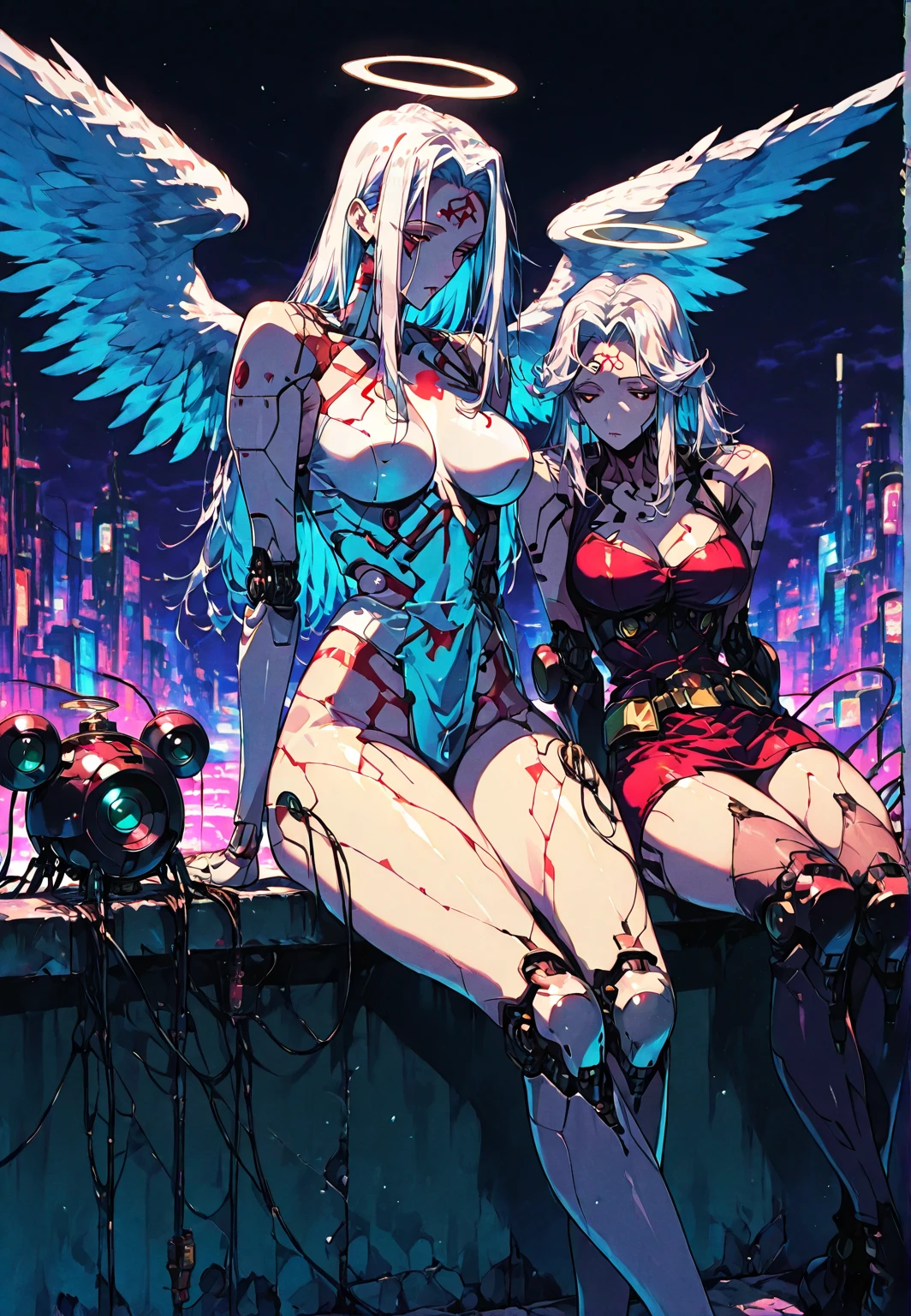 Battle angel alita and rei ayanami from evangelion, sexy, big , big dark wings, they are giant like godzilla near the city neo-Tokyo