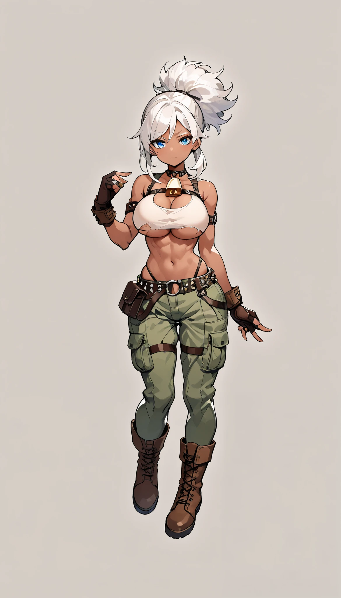 (My Hero Academia Style), (High Quality), (1girl), (solo), (female), (anthro), ((perfect face)), (((perfect hands))), (((perfect anatomy))), (Thigh Gap), (Knee gap), (ankle Gap), ((Full Body Photo:1.5)), ((looking at viewer)), ((skindentation)), (Standing), (((Green lowleg military cargo pants tucked in))), (((Brown military boots feetwear))), (((Light Brown sleeveless Underboob torn Tank top))), (((Black sleeveless strapless Cleavage tube top))), ((Cleavage Cutout)), ((bare shoulders)), (((Brown fingerless handwear gloves))), (((O-ring studded strap thinghs belts))), (((O-ring studded strap forearms belts))), (((Light Green Highleg panties))), ((exposed abdomen)), ((stomach)), Abs, ((exposed navel)), ((navel)), ((Large breasts)), ((slender waist)), ((toned wide thighs)), ((toned wide hips)), ((slender body)), ((thin body)), ((athletic body)), (((Neck Cowbell))), ((Neck bell)), (Cowbell), (((fuzzy hair))), (((white hair))), (((pair of high and low pigtails)), (high pigtails), (low pigtails), ((Blue eyes)), ((serious expression)), ((cold look)), ((expressionless)), (((dark-skinned Female))), ((Dark Skin)), (((neon purple ripple effects in the background))), ((neon purple ripple effects)), ((neon purple ripples)), ((neon ripple effects in background)), ((wave effects in the background)),