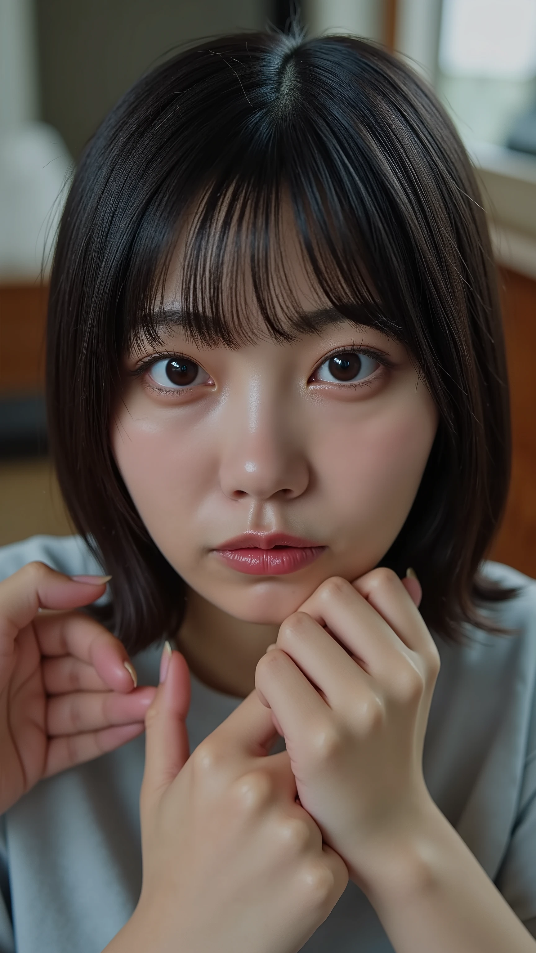 a high resolution photograph of a Japanese young woman, (photo-realistic, realistic, masterpiece, best quality), Intricate details, extremely detailed, ultra high definition, 8k, film grain, lens flare glow, sharp focus, professional lighting, hetero, couple, 1girl, bob cut glossy hair with bangs, frowning, embarrassed, detailed face, detailed eyes, sophisticated nose, (detailed clothing features), BREAK, (a man sitting with her between his legs, pressing his crotch against her face, man pov:1.5), indoors, home,