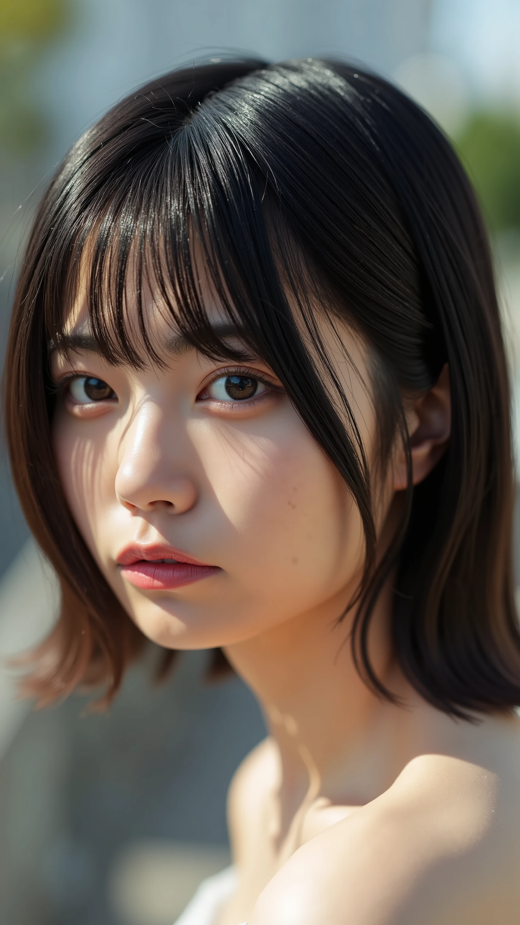 a high resolution photograph of a Japanese young woman, (photo-realistic, realistic, masterpiece, best quality), Intricate details, extremely detailed, ultra high definition, 8k, film grain, lens flare glow, sharp focus, professional lighting, profile, upper body, solo, 1girl, bob cut glossy hair with bangs, detailed face, detailed eyes, sophisticated nose, (completely nude), outdoors, public indecency, exbitionism, humiliation, frowning, embarrassed,