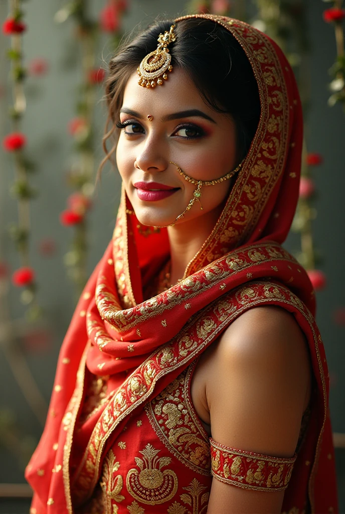 Indian girl, white skin, very beautiful, big round breasts, traditional pious clothes, smiling, with a seductive body licking a cock