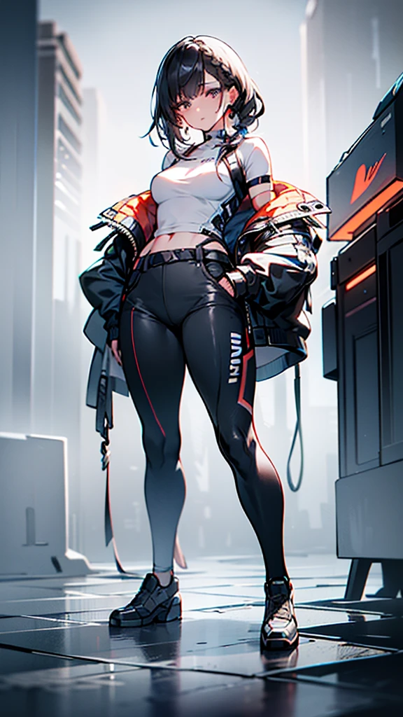 female,20 years old,(full body portrait:1.2),(Slender body proportions), (best quality, 4k, 8k, high resolution, masterpiece:1.2), Super detailed, (actual, realistically, realistically:1.37), moody gestures, western metal, Breasts are of medium size, happy expression, Sports shoes for sports students