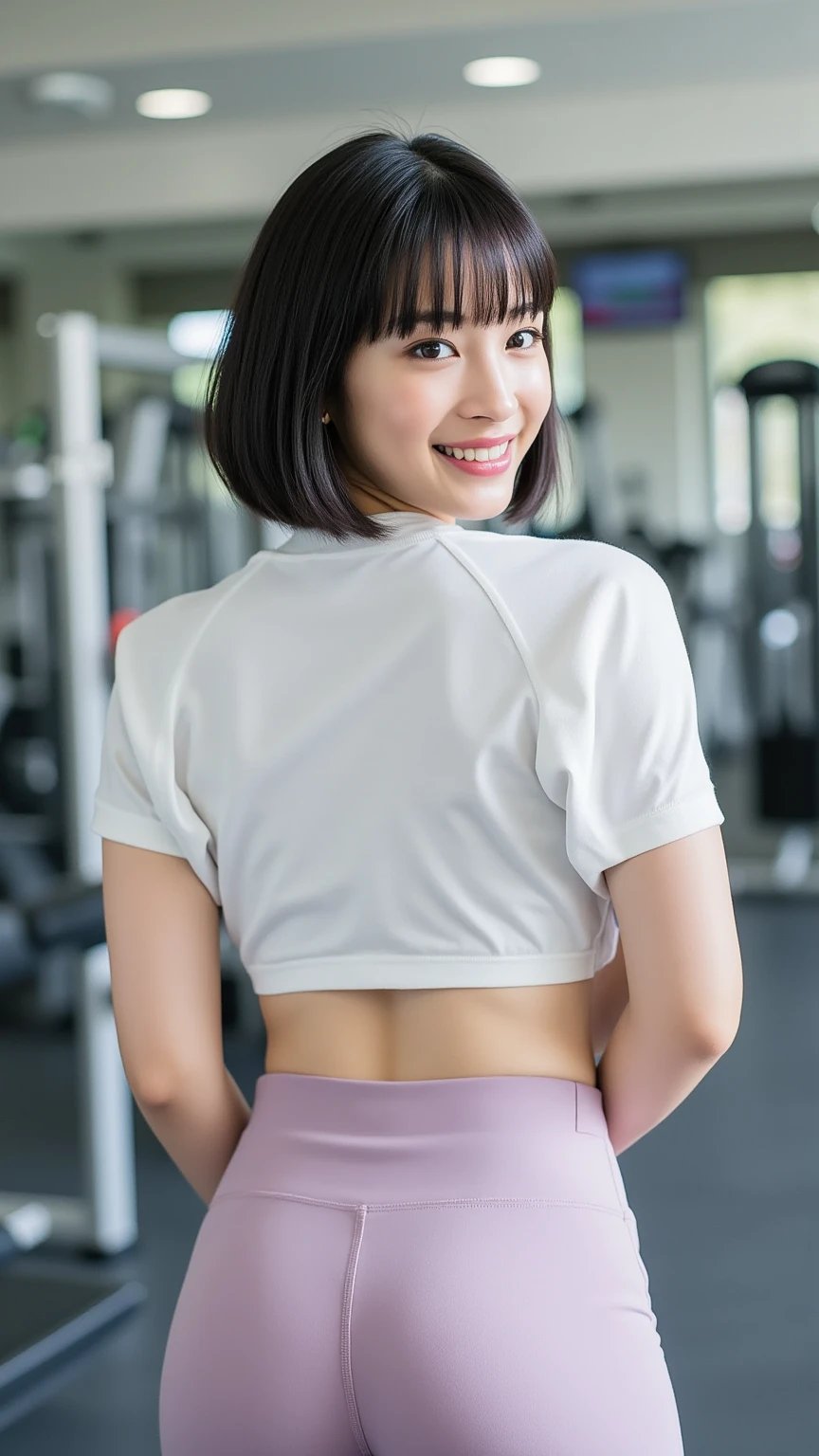 Shooting boyish short hair、(((Colossal tits:1.5、Tight sportswear、sports gym、Power Rack、full body seen)))、A smile、small head、bangss、chee、short wavy hair、small head、pale pink lip、Smiling smile、A sexy