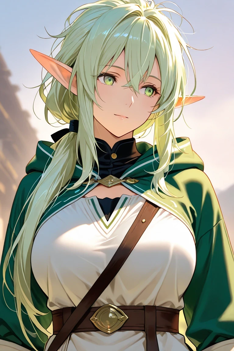 top quality、Best image quality、masterpiece、elf girl((18 years old、best tits、large bast,Beautiful green eyes、My heart is wide open, Green Twin Tails、Slightly muscular、Big valley、Reflect your whole body、Green Scarf、White robe、Energy of the Green Wind、Sedentary PE)）high quality、beautiful art、background((ghat、wide meadow,)))、,table top、Visual arts、depth of field、