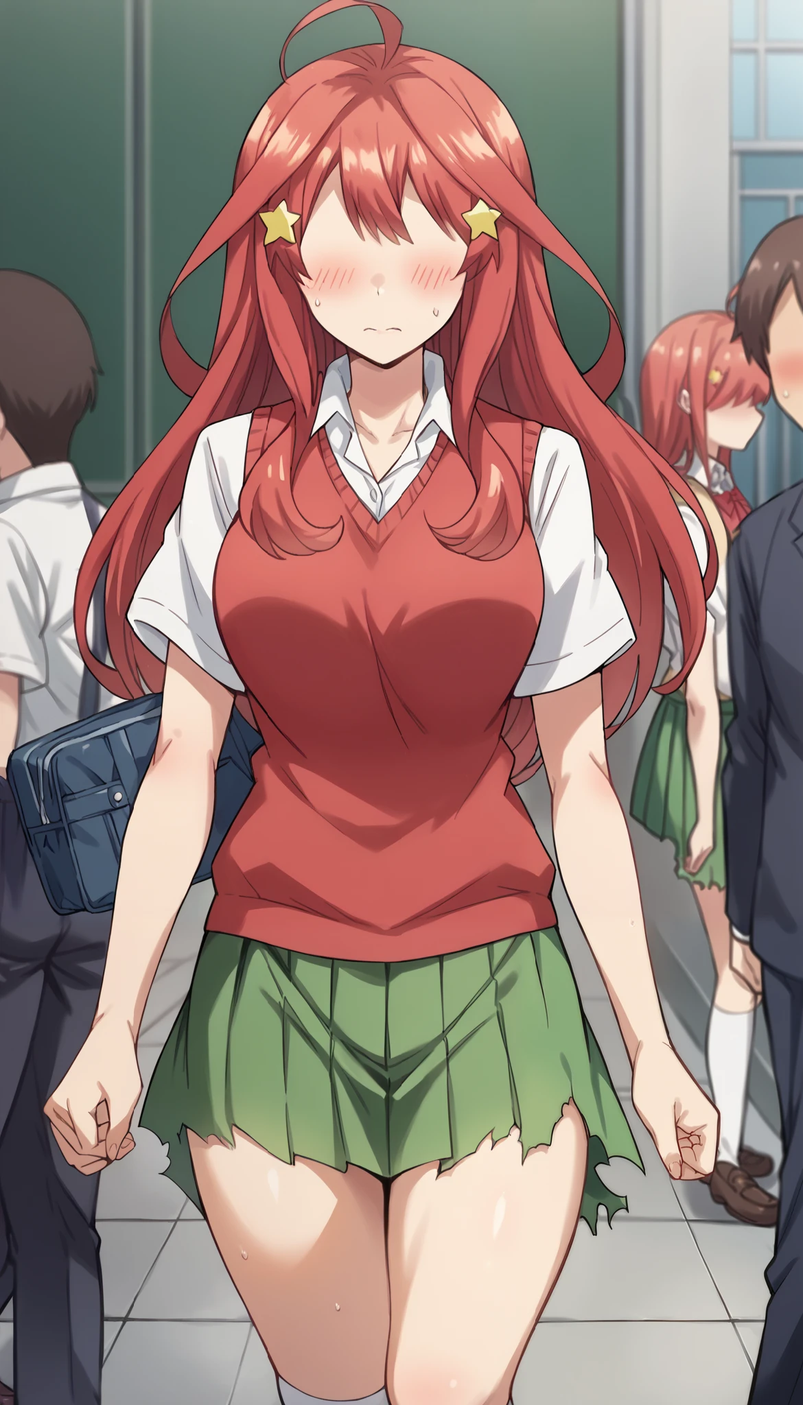 score_9, score_8_up, score_7_up, source_anime,
itsukinakano, itsuki nakano, (faceless girl:1.5), bangs, ahoge, red hair, long hair, star \(symbol\), hair ornament, star hair ornament, mature female, micro miniskirt, shirt, school uniform, collarbone, white shirt, short sleeves, pleated miniskirt, socks, collared shirt, (thighs up micro skirt), kneehighs, white socks, green skirt, sweater vest, red sweater vest, (torn hem of the skirt :1.7), (lasciviously), (embarrassed blush), cold sweat, (walking),
break, school, looking at viewer, cowboy shot,