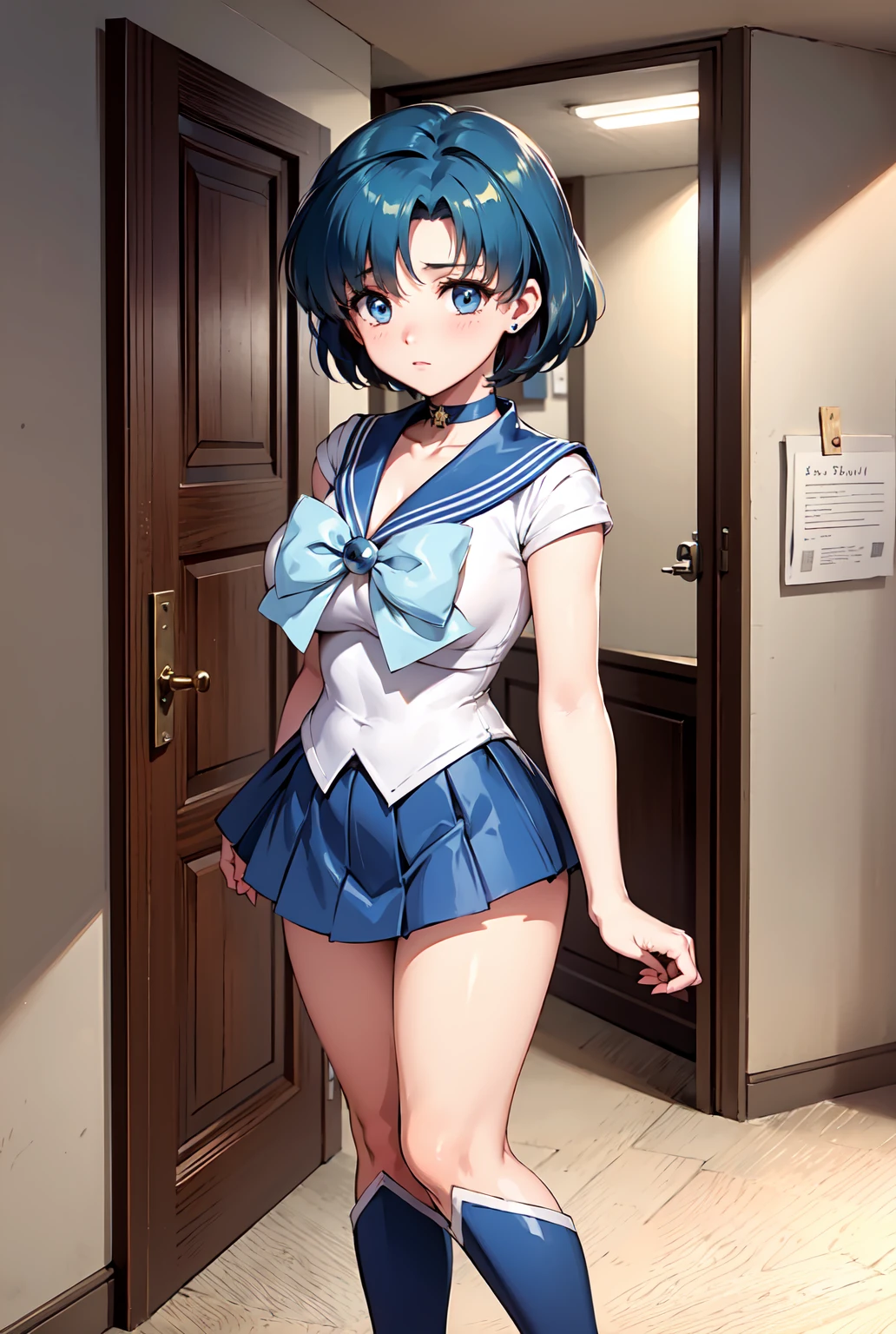 1girl in, lightsmile, Shiny skin, Best Quality, masutepiece, (Game CG:1.4), NSFW, Detailed beautiful face and eyes,爆乳、Lingerie with a small area, Sailor Mercury, I could feel the battle, Serious, Cowboy Shot、large full breasts