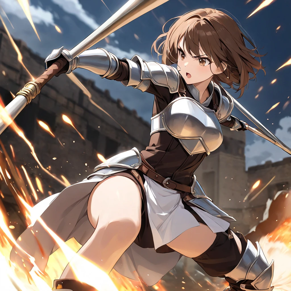 Brat, ((masterpiece)), High resolution, 10 years old、girl、 Brown Hair、Short Bob、((smile、Grin))、Excited、Sweating all over the body、Bright Blue Eyes、smile、((Grin))、Earrings、(((Hold the long sword with both hands、Cut in half)))、((Deathblow、mystery))、Sparks fly、Disturbed、Light、Strong winds、highlight、Motion Blur、Tattered Armor(mini skirt、wind lift:1.1、Panties with ribbon、Panty shot)、Shallow depth of field、final battle、Fantastic、