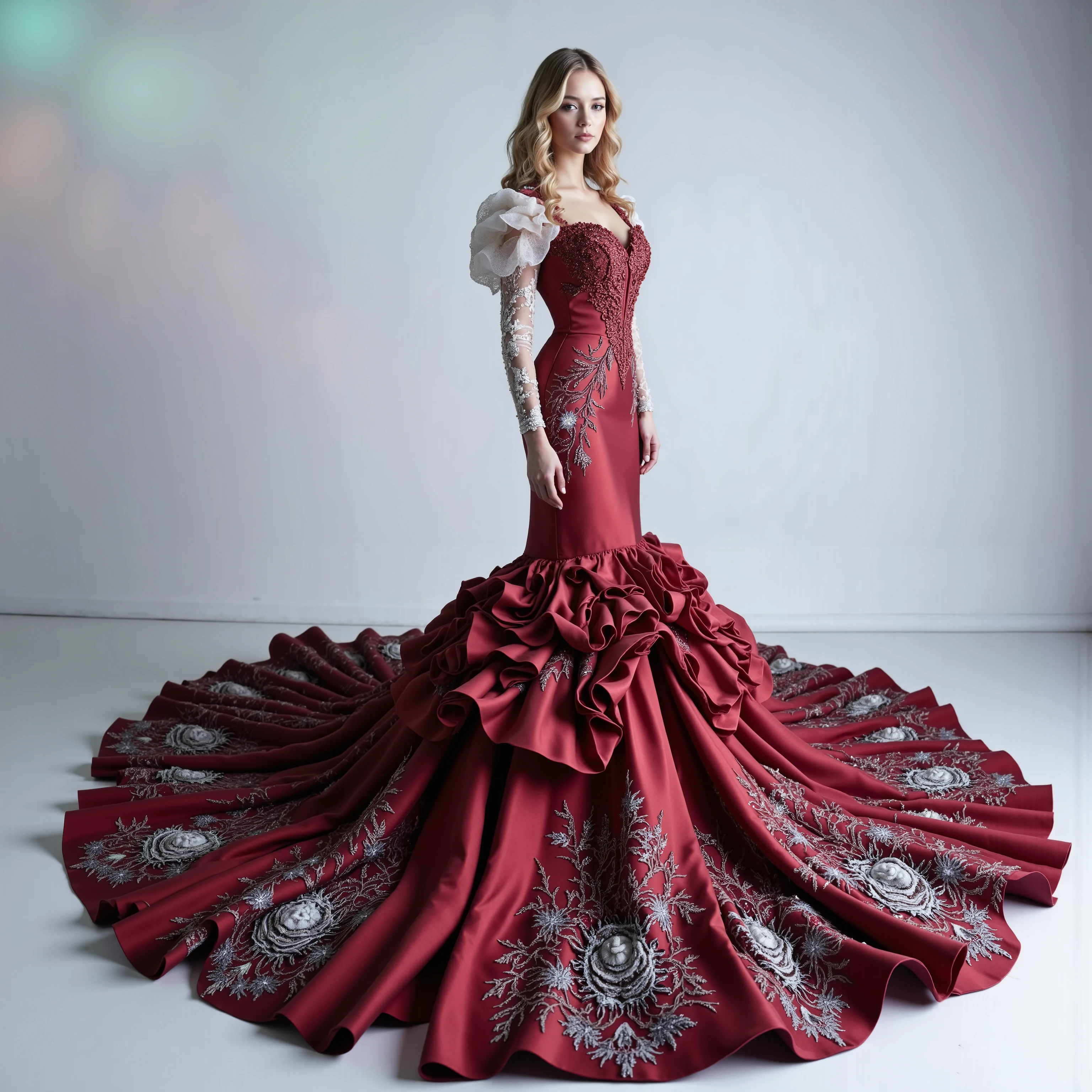 A red silk and satin mermaid style full-length gown with a fitted bodice and a super oversized flared skirt that has giant raised up ruffles at the bottom. This ridiculously oversized gown requires super high platform shoes, making the woman wearing this dress 18 to 24 inches taller than she is. This is only the kind of dress that a supermodel, the crazy wealthy, or a crazy celebrity would ever attempt to wear. Very experimental fashion, this gown has sheer puff sleeves, thin lace sleeves or thin straps, adorned with white floral appliqués, sweetheart-shaped neckline lace, and red colored sequence adorns the top. Lightweight foam rubber and metal wires are the only thing underneath the oversized red silk and satin skirt that can lift and hold up this giant skirt and let the wearer walk and move at all in this unconventional, yet elegant ensemble. The bottom of the dress opens so that the fabric creates a large circular shape several feet in circumference larger than usual with a gown of this style. The skirt has puffed up outter material that hangs down in several layered rows from mid thigh, all the way down to the floor in three or four columns. The dress is made of red satin and silk, with white and pink floral arrangements and some interesting white and pink embroidery patterns. The green and pink spotlights cast color on the dress and on the white wall in the background. A very dramatic pose. Direct eye contact between the model and the viewer. Aesthetically incredible, iconic character, iconic style. Ultra-realistic, photorealistic, cinematic photography ultra-detailed. Very long wavey hair,sparkle,cinematic lighting,cinematic portrait, portrait photography,cinematography, full focus, UHDR, hyperrealistic, startling,experimental,avant-garde,unique,innovative,striking,captivating,model facing the camera, eye contact, macro photography, close up,Blue eyes, Parted Lips, Makeup, Wide-Eyed, Sparkling Eyes, Kubrick Stare, From Above, Best Quality, Masterpiece.
