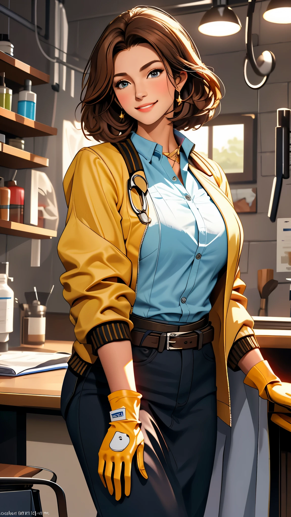 best quality, glossy, 4k, ((artwork)), extremely detailed, 8k, mature woman, milf, short brown hair, doctor's jacket, surgical gloves, no background, large breasts, full lips, smile, standing, beautiful eyes