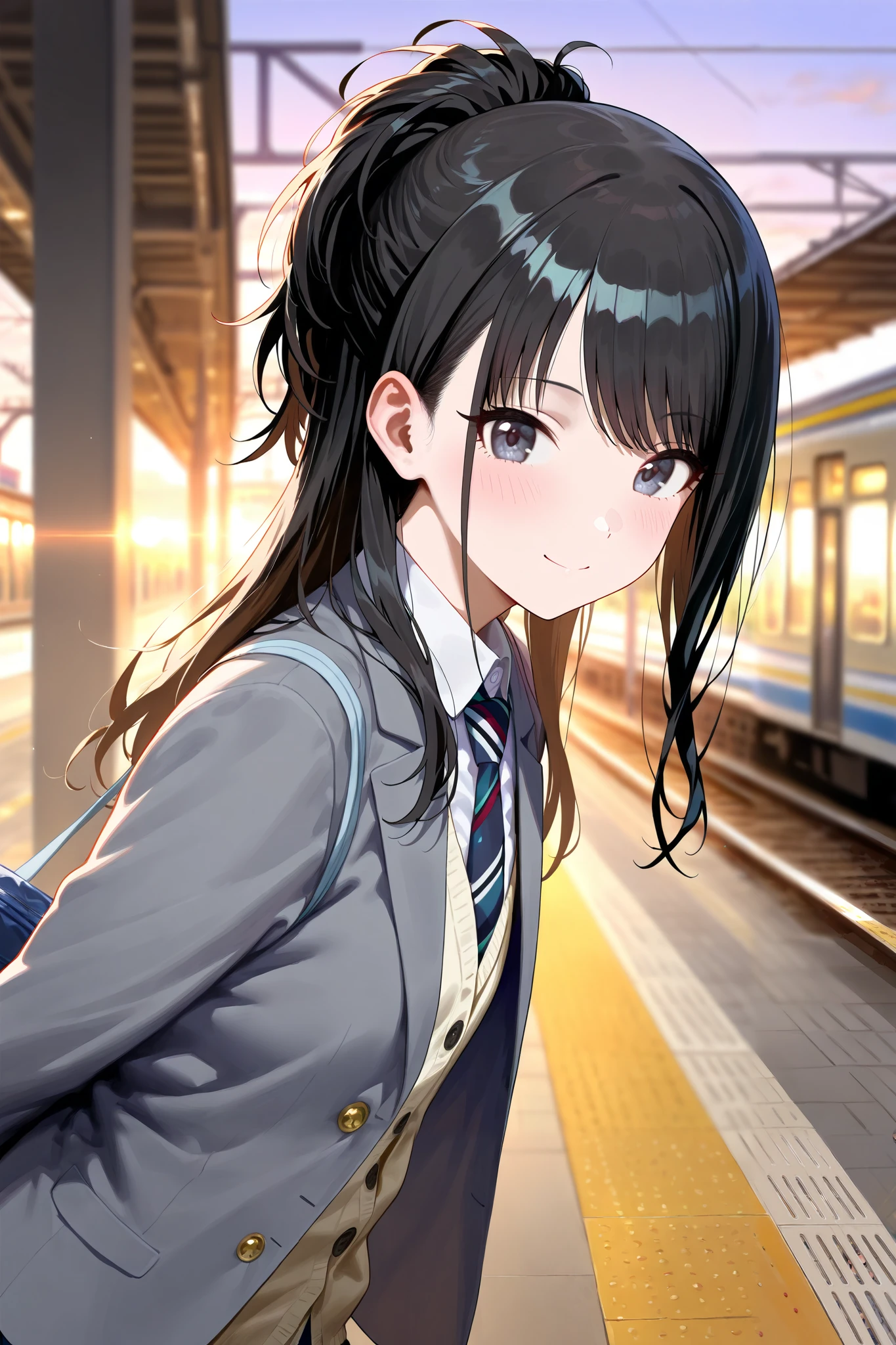 (masterpiece), (Highest quality), (Very detailed), (The best shape), (Best Shadow), (Absurd), (Detailed Background), (so beautiful), Shiny, Beautiful eyes in every detail, Extraordinary, Countershading, 8k, 32K, High resolution, Very Detailed CG ,

Score_9, Score_8_up, Score_7_up, Source_anime, 
(Pastel painting:1.2), (Watercolor painting:1.2),
(Masterpiece, Detailed:1.2), (Foreshortening:1.2),

Cinematic, Dramatic, (depth of field:1.4),
(blurry background:1.4), (Realistic background:1.4), dynamic angle, from side,
1girl, solo, 
Japan, Big city train station, Platform, (evening:1.2),

Kazano Hiori, 
the idolmaster shiny colors,
hiori kazano, ponytail, black hair, black eyes,

(school uniform:1.3), school bag,
White collar, tie, black tie, Stripes tie, gray tie,
(cardigan:0.9), Inner cardigan, linen cardigan,
blazer, (gray blazer:1.2), long sleeves blazer, (Button-up her blazer:1.5), (buttoned all the way up:1.4),

(Blush:1.3),
Portrait,
Focus on face,
leaning forward,
Looking at viewer,
Smile, Happy, 
Realistic skin,
Shiny skin,