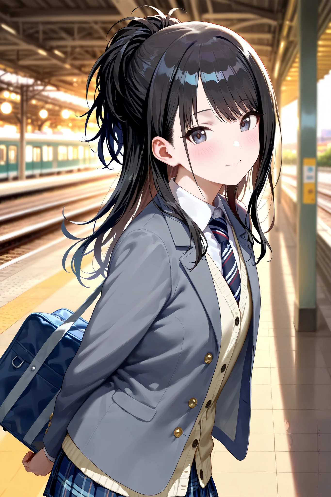 (masterpiece), (Highest quality), (Very detailed), (The best shape), (Best Shadow), (Absurd), (Detailed Background), (so beautiful), Shiny, Beautiful eyes in every detail, Extraordinary, Countershading, 8k, 32K, High resolution, Very Detailed CG ,
Score_9, Score_8_up, Score_7_up, Source_anime,
(Pastel painting:1.2), (Watercolor painting:1.2),
(Masterpiece, Detailed:1.2), (Foreshortening:1.2),
Cinematic, Dramatic, (depth of field:1.4),
(blurry background:1.4), (Realistic background:1.4), dynamic angle, from side,
1girl, solo,
Japan, Big city train station, Platform, (evening:1.2),
Kazano Hiori,
the idolmaster shiny colors,
hiori kazano, ponytail, black hair, black eyes,
(school uniform:1.3), school bag,
White collar, tie, black tie, Stripes tie, gray tie,
(cardigan:0.9), Inner cardigan, linen cardigan,
blazer, (gray blazer:1.2), long sleeves blazer, (Button-up her blazer:1.5), (buttoned all the way up:1.4),
(Blush:1.3),
Portrait,
Focus on face,
leaning forward,
Looking at viewer,
Smile, Happy,
Realistic skin,
Shiny skin,