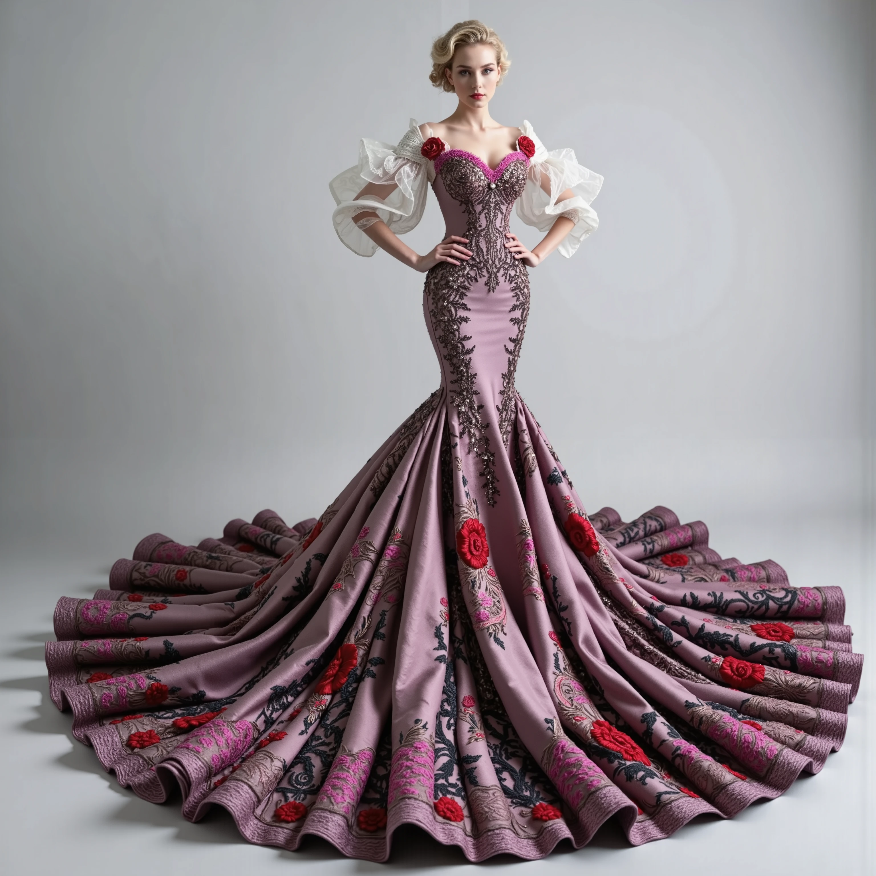 A very light pink and white silk and satin mermaid style full-length gown with a fitted bodice and a super oversized extra long flared skirt that has giant raised up ruffles at the bottom. This ridiculously tall and oversized gown requires super high platform shoes that will make the wearer 18 to 24 inches taller than usual. Thus is the kind of gown only a supermodel, the crazy wealthy, or a crazy celebrity would ever attempt to wear. Very experimental fashion, this gown has sheer sleeves adorned with red and white floral appliqués, sweetheart-shaped neckline lace, and pink colored sequence that adorns the top. Lightweight foam rubber and metal wires are the only things underneath the very oversized light pink,very long, silk and satin skirt, that can lift it and hold it up, so that the wearer can walk and move at all in this unconventional, yet elegant ensemble.The bottom of the long skirt opens so that the fabric creates a large circular shape on the floor that is several feet in circumference larger than usual with a gown of this style. The extra long skirt has puffed up outter material that hangs down in several layered bunches from mid thigh down to the floor in three or four rows or stacked up columns. The dress is made of very light pink satin and silk with some hot pink, red, and black flowers and embroidery patterns of crosses, hearts, etc. The green and pink spotlights cast color on the dress and on the white background. Very dramatic pose. Direct eye contact between the model and the viewer. Asthetically incredible, icon style. Ultra-realistic,photorealistic,cinematic photography,ultra-detailed.Extra Sparkle,cinematic lighting,cinematic portrait,portrait photography,cinematography,full focus,UHDR,startling, Realism,photorealistic,8K,physically-based rendering, experimental,avant-garde,unique,innovative,striking,captivating,model facing the camera,eye contact,macro photography, Parted Lips,Makeup,Kubrick Stare,From Above,Best Quality,Masterpiece.