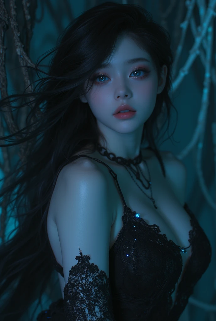 Creating hyper-realistic and terrifying images of Nurona, Fearsome water spirits in Japanese folklore, Depicted in an exaggerated and eerie way. Nurona's exaggerated appearance: Huge wet kimono: 着物は非常にbig, Being dragged along the ground for what seems like a supernatural length. Always wet, Hanging heavily as if submerged in water. The color of the kimono is dark blue or black., Drops of water constantly drip from it. unusually long black hair: The hair is abnormally long, Reach up to your waist. Always wet, Drops of water fall continuously from the tip.. My hair is tangled、Appears to move as if alive, Squirming like a snake. pale肌: Her skin is unnatural, pale, Reminiscent of the coldness of death. Water droplets glisten on her skin, She gives the impression of an icy cold emanating from her body.. big, Unforgettable Eyes: 彼女の目は異常にbig, Emitting an eerie light. The pupils are cool blue or green, The person staring at it々to cause intense fear. There's a dark shadow in her eyes, She seems to be crying all the time. Sharp Claws: Her fingertips are long, Sharp Claws, Perfect for dragging victims underwater. The nails are shiny with water droplets, Reflecting the cold, Ominous Light. sinister smile: Her mouth curved into a sinister smile., reveal sharp teeth. The smile is cold and contemptuous, It's like they're mocking humanity. There's a puddle at her feet: Wherever she walks, A puddle forms at her feet. Water drips from her footprints, Wetting the ground around her. Water flowing down the back: The water keeps running down her back, Similar to a small waterfall. This water is ice cold, Gives a frosty sensation when touched. illustration image: background: Set in a dark forest, ruins, Or near the river bank, Creates a dark and eerie atmosphere. Overall silhouette: The large kimono and long hair are emphasized., Create a memorable PR