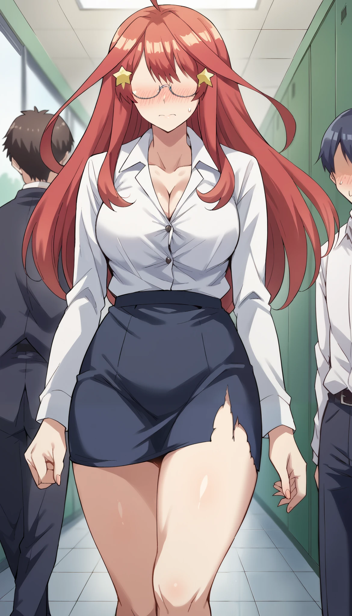 score_9, score_8_up, 1girl_solo, pretty girl . red hair . long hair . milf . white blouse . purple stockings . nanao yukiji style . in office . empty eyes . good eyes. detailed . trimmed pubic hair . calm, open mouth. eye focus. huge breasts, heavy breasts, pregnant, wide hips, pussy focus, cum in pussy, cum dripping from pussy, standing at attention, teaching class, chalkboard, blush . female teacher , bottomless, viewed from front, morning,