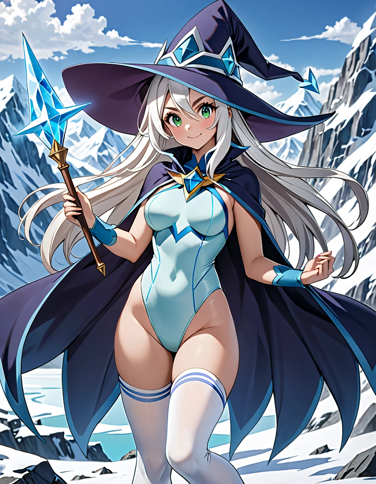 1girl, superhero, holding wand, witch academia, superhero sorceress witch, glamorous angewoman digimon, sky witch, by Aguri Uchida, maya ali as an ice mage, white tuxedo, leotard, solid white leotard with florescent blue accents, bare legs, white thigh-highs, winter boots, (white witch hat, white hair, long hair, bangs), green eyes, beautiful detailed eyes, beautiful detailed face, cute face, slightly large breasts, smile, one eye closed, looking at viewer, playful, flirty, age 16-18, solo, solo focus, wonder, full body portrait, cowboy shot