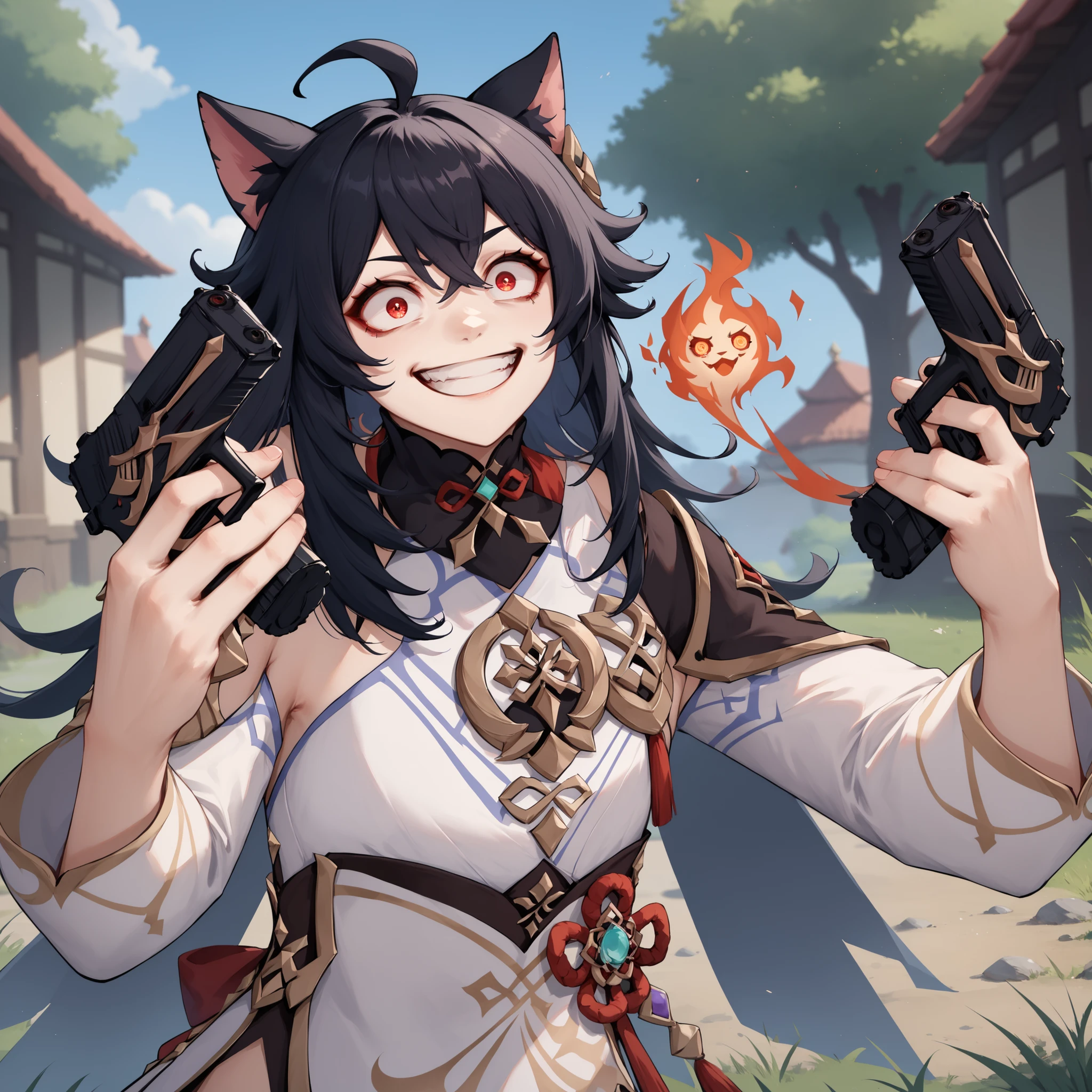 score_9, score_8_up, score_7_up, 1girl, handgun, holding gun, holding weapon, dual wielding, smile, grin, finger on trigger, crazy eyes cat ears, red eyes, long hair, black hair, (Ahoge), straight bangs, \(genshin impact\), outdoors,