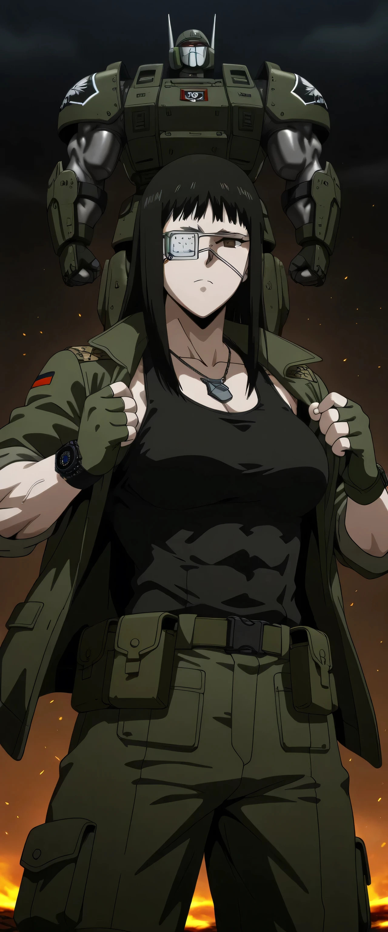 1girl,solo,mm,mature female,black hair,eyepatch,brown eyes,medium breasts,anime coloring,long hair, muscular, black sport Elastic fiber tank top and dark green loose military combat armor trousers with belt,cowboy shot,in military base, ,masterpiece,best quality,amazing quality,,muscles and,muscles lines,muscles big size,pelvis muscles,strength muscles looking,dynamic air,Valmet handsome face,Shining abs and shoulders,eight-pack,iron muscles,Bulge between legs indicates non erect penis in pants, sporting attractiveness sexual attractiveness,standing in fighting pose,sexual muscles,Serious face, eight-pack,sexy eight-pack, military vehicles around the base,reviewing from side Valmet,wearing military black combat armor boots,, raise head up,Qblique muscles,serratus anterior muscles,iron pelvis muscles,iron Qblique muscles,iron serratus anterior muscles,sexy pelvis muscles,bluge between valmet legs indicates she have a penis inside her trousers,valmet have a penis,Valmet wearing green military jacket with long sleeves,full wear jacket,Valmet wearing combat green gloves fingerless,Valmet wearing military chains necklace,one hand wearing wristwatch,