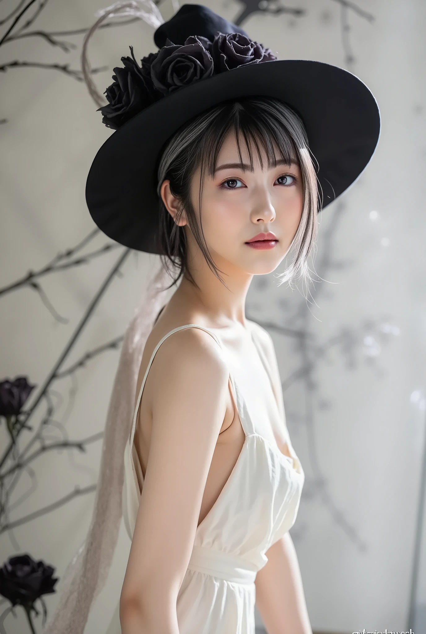 A beautiful witch is looking straight ahead, Photorealistic image of a beautiful East Asian young woman , Short bob cut with gray hair:1.4, Beautiful Makeup、She's wearing a big black witch hat decorated with black roses、((She is wearing an extremely small satin micro bikini:1.6)) , give her an elegant and mystical vibe、Surrounding her are dark flowers 々 々, adds a spiritual and slightly sad vibe . the lighting is soft, She's white skin and gray hair , The blurry part of the background is、has delicate, abstract black and gray brushstrokes, enhances the scene's mystical and serene vibe .