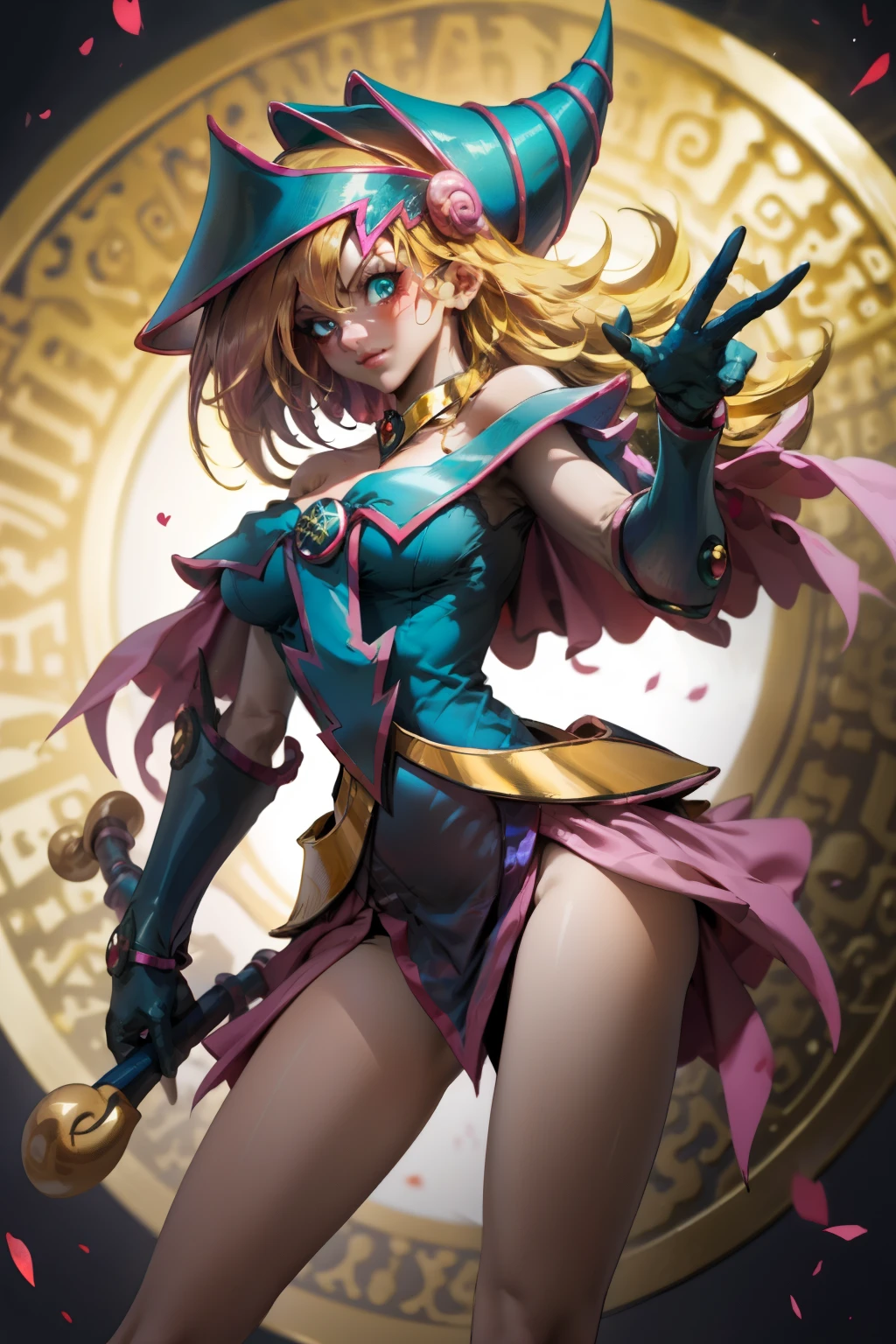 dark magician gils. Making the peace and love sign with his fingers, smile . Magic of hearts in the air. Sensual and seductive pose. Mystical magic background . half body shot.