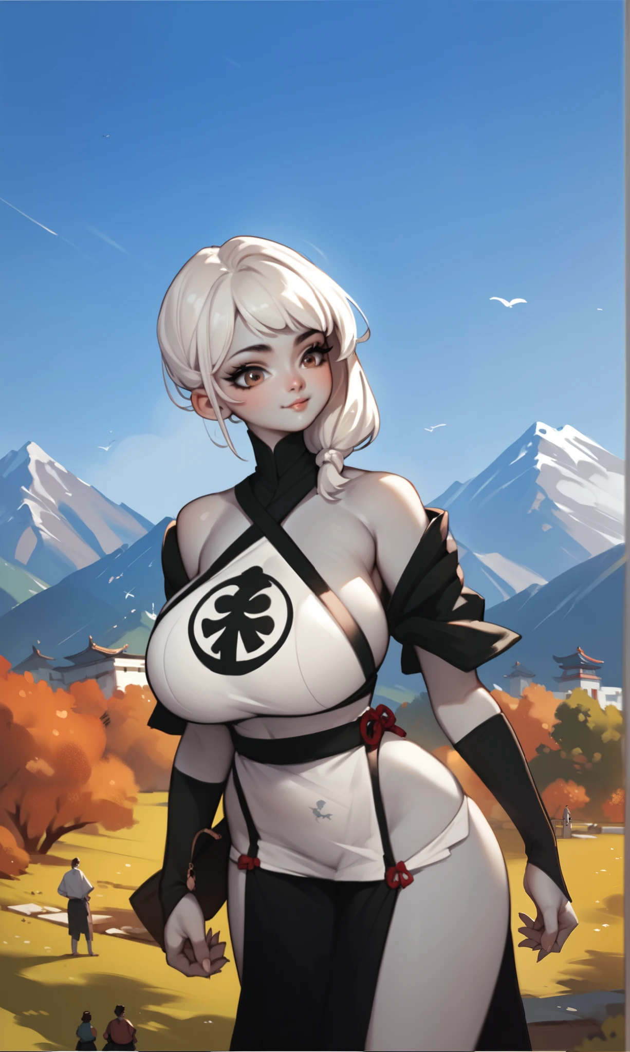 score_9, score_8_up, score_7_up, score_6_up, score_5_up, score_4_up, (source_anime), 1girl, hyper breasts, asian clothing, grey skin, giantess, giant woman, cute face, brown eyes