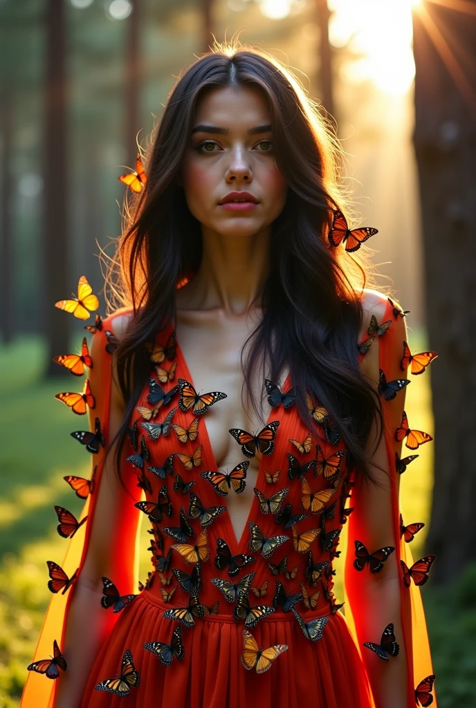 Beautiful dark-haired woman entirely covered in orange, black and red butterflies like a second skin, a transparent dress that is almost part of her, covered in butterflies, as if they were coming out of her chest, her heart, rays of sunlight dappled through the forest of pine trees, hyperdetailed, Resolution K, Kodak resamples film grain,