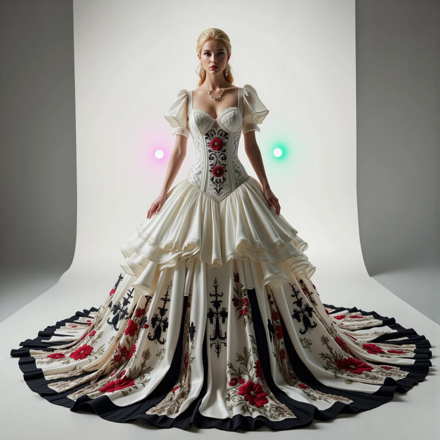 A white silk and satin mermaid style full-length gown with a fitted bodice and a super oversized extra long flared skirt that has giant raised up ruffles at the bottom. This ridiculously tall and oversized gown requires super high platform shoes that will make the wearer 18 to 24 inches taller than usual. This is the kind of gown only a supermodel, the crazy wealthy, or a crazy celebrity would ever attempt to wear. Very experimental fashion, this gown has sheer sleeves adorned with red and black floral appliqués, sweetheart-shaped neckline lace, and white sequence that adorns the top. Lightweight foam rubber and metal wires are the only things underneath the very oversized, very long, white silk and satin skirt, that can lift it and hold it up, so that the wearer can walk and move at all in this unconventional, yet elegant ensemble.The bottom of the extra long skirt opens so that the fabric creates a large circular shape on the floor that is several feet in circumference larger than usual with a gown of this style. The extra long skirt has puffed up outter material that hangs down in several layered bunches from mid thigh down to the floor in three or four rows or stacked up columns. The dress is made of pure white satin and silk with some red and black flowers and embroidery patterns of crosses, hearts, and other designs created with black thread. The green and pink spotlights cast color on the dress and on the white background. Very dramatic pose. Skirt end drags on the floor. Direct eye contact between the model and the viewer. Asthetically incredible, icon style. Ultra-realistic,photorealistic,cinematic photography,ultra-detailed.Extra Sparkle,cinematic lighting,cinematic portrait,portrait photography,cinematography,full focus,UHDR,startling, Realism,photorealistic,8K,physically-based rendering, experimental,avant-garde,unique,innovative,striking,captivating,model facing the camera,macro photography, Parted Lips,Makeup,Kubrick Stare,Best Quality,Masterpiece.
