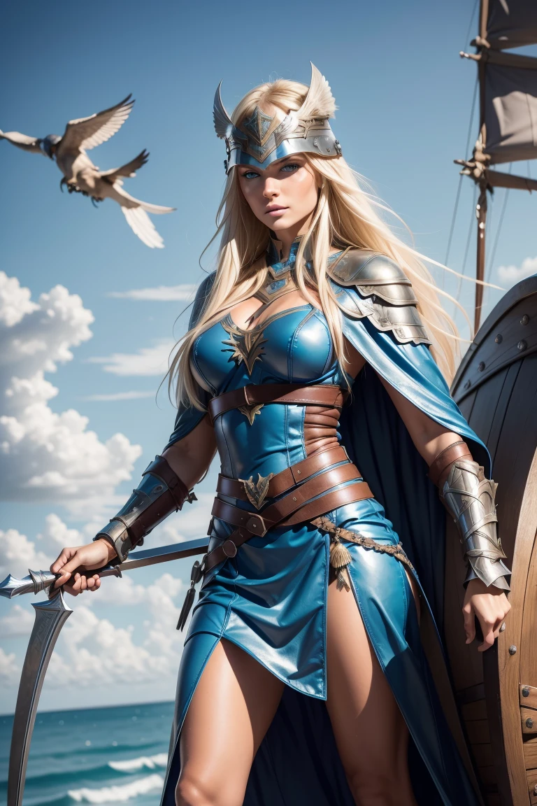 (Gorgeous Woman, Valkyrie, Long blonde hair, braided, blue eyes, detailed facial features, proportional hands, proportional fingers, perfect breast), (leather armor, fur cape), (Viking Longboat in the background),