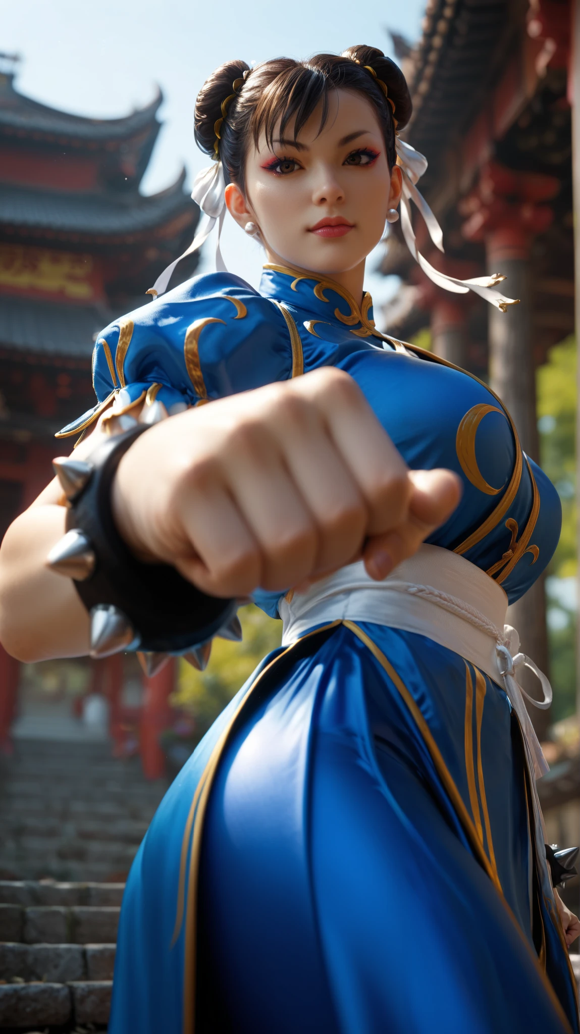 Chun li, image from below, a hyper realistic and ultra detailed photo of a pretty, elegant, ultra realistic, gorgeous girl, perfect eyes, portrait, looking at viewer, standing, outdoor casual background, kung fu pose,