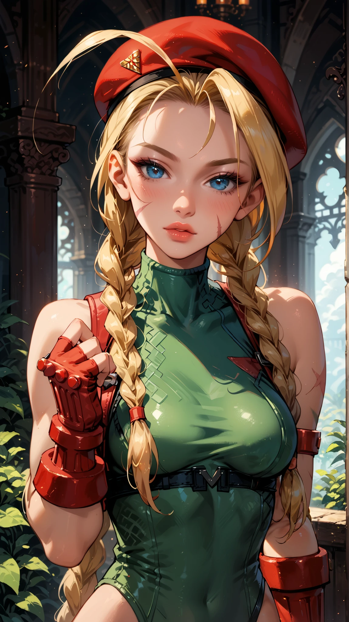 Dark Fantasy Art of score_9, score_8_up, score_7_up, rating_questionable, fantasy, lighting, epiCPhoto 1girl, very sexy (cammySDXL, blue eyes, blonde hair, long hair, twin braids, antenna hair, medium breasts, bare shoulders, red gloves, fingerless gloves, green leotard, red beret, scar on face:1.2), solo, cute, flirt, gaze, sexy look, half-closed eyes, head tilt, filled lips, thick lips, makeup, face portrait, modelling shoot, sexy pose, fantasy palace setting, dark, moody, dark fantasy style, dimly lit.