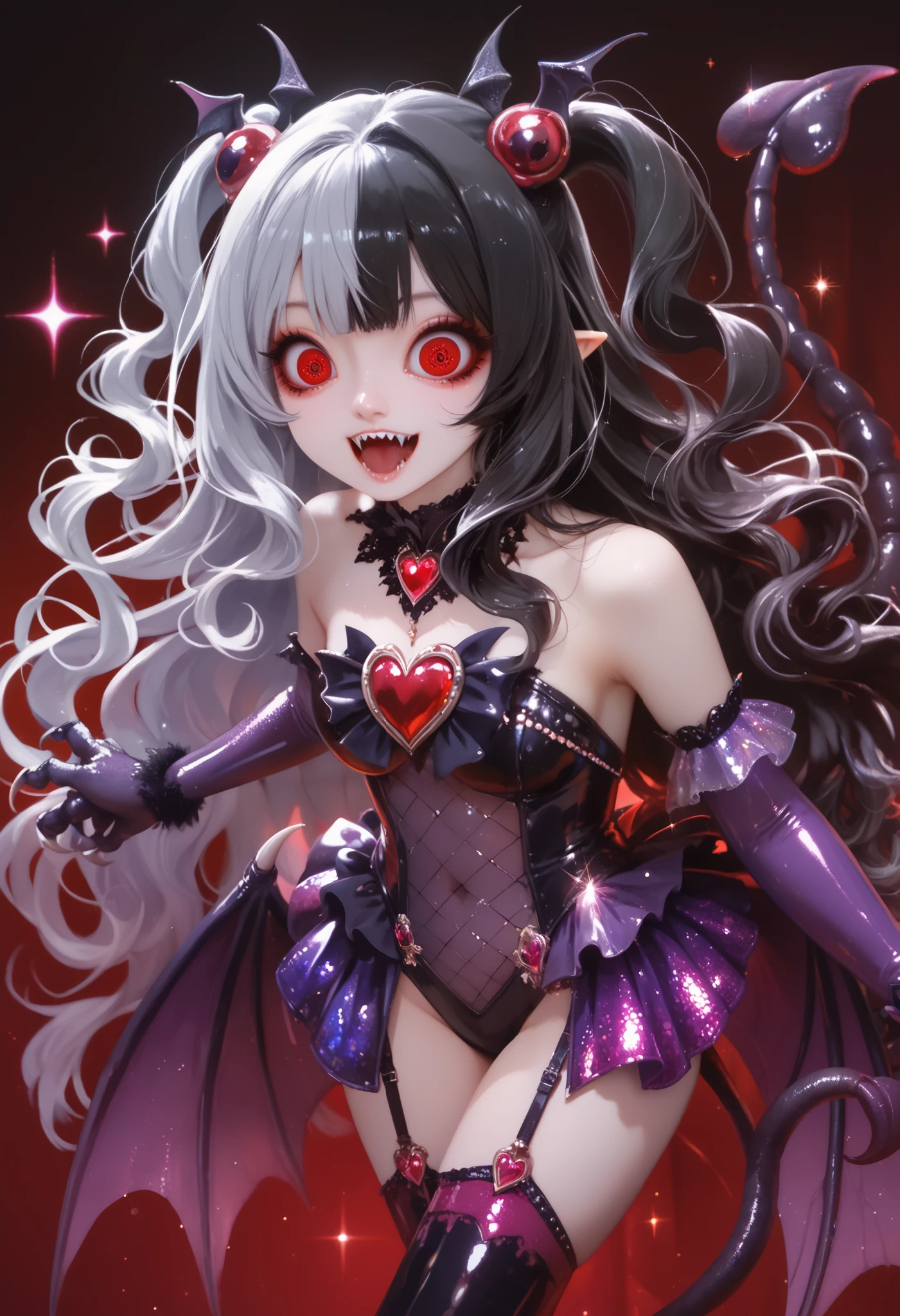 Succubus style magical girl. Scorpion elements. Fusion with scorpion. Black and purple costume. Sequin sparkle costume. Light armor. Latex. Sharp claws. Shell. Spiky. Tail. Wavy hair. Twin tail hair. Silver hair. Black hair accessory. Horror eyes. Multiple eyes. Red eyes.