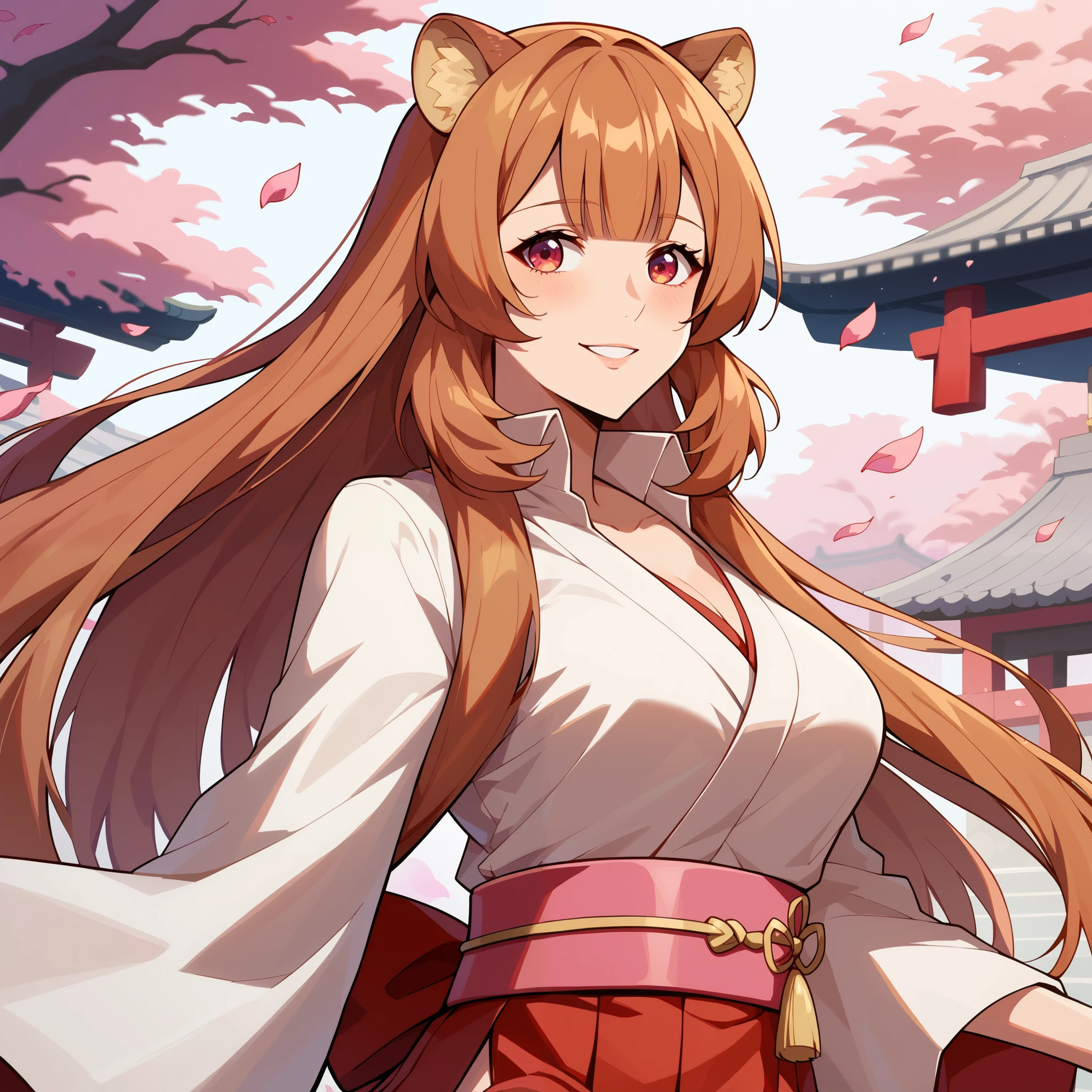 "raphtalia, a beautiful young woman with bright orange hair and deep red eyes. Her rounded animal ears peek out of her silky hair. happy smile, big, firm breasts. wears an elegant traditional Miko outfit. Her hair up to her back,
His white kosode and red hakama wave with every step as he walks down the corridor of an ancient shrine, neckline. pink belt with flower design.
Around you, Cherry petals float in the air, giving it an almost divine aura .