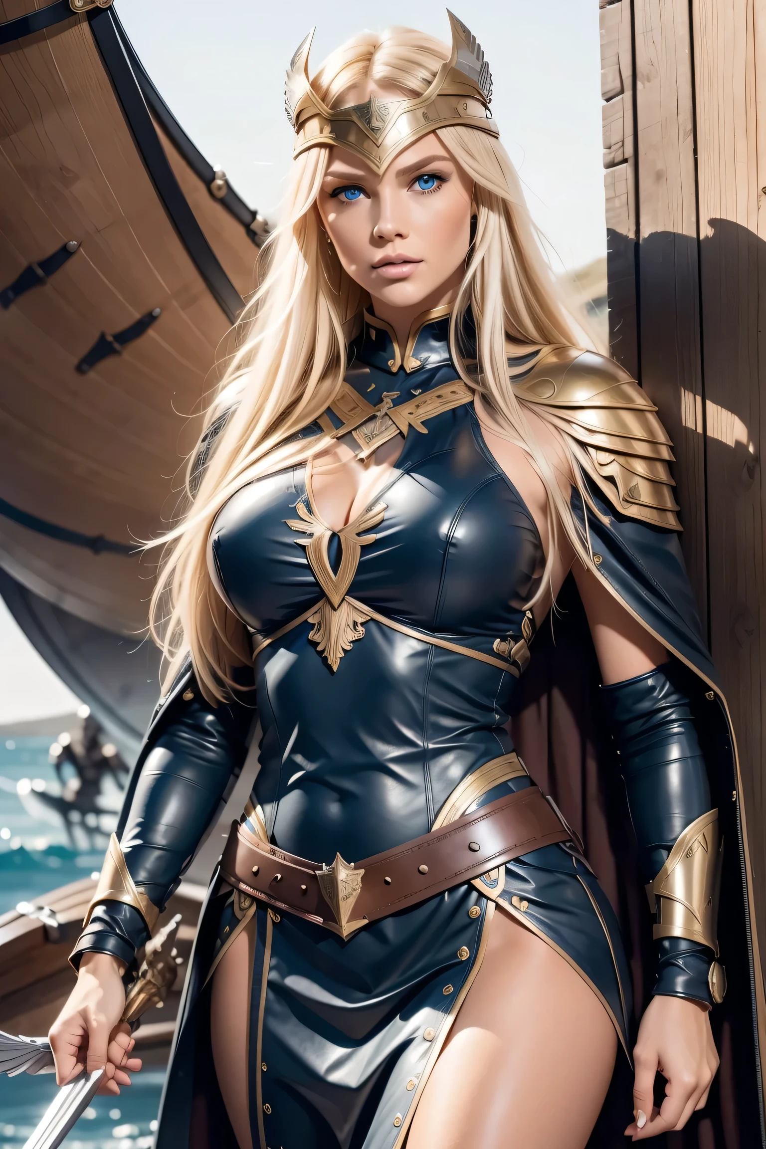 (Gorgeous Woman, Valkyrie, Long blonde hair, braided, blue eyes, detailed facial features, proportional hands, proportional fingers, perfect breast), (leather armor, fur cape), (Viking Longboat in the background),