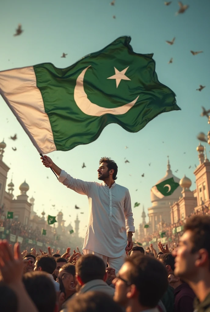 90

Generate a Realistic 20 years old boy Wearing a shirt print is like pakistani flag and AFFAN is written on her t-shirt and the boy is standing on the road with hand holding a national flag of Pakistan, and behind her is the Minar E Pakistan.And written on sky "Happy Independence Day" Create Realistic image high quality